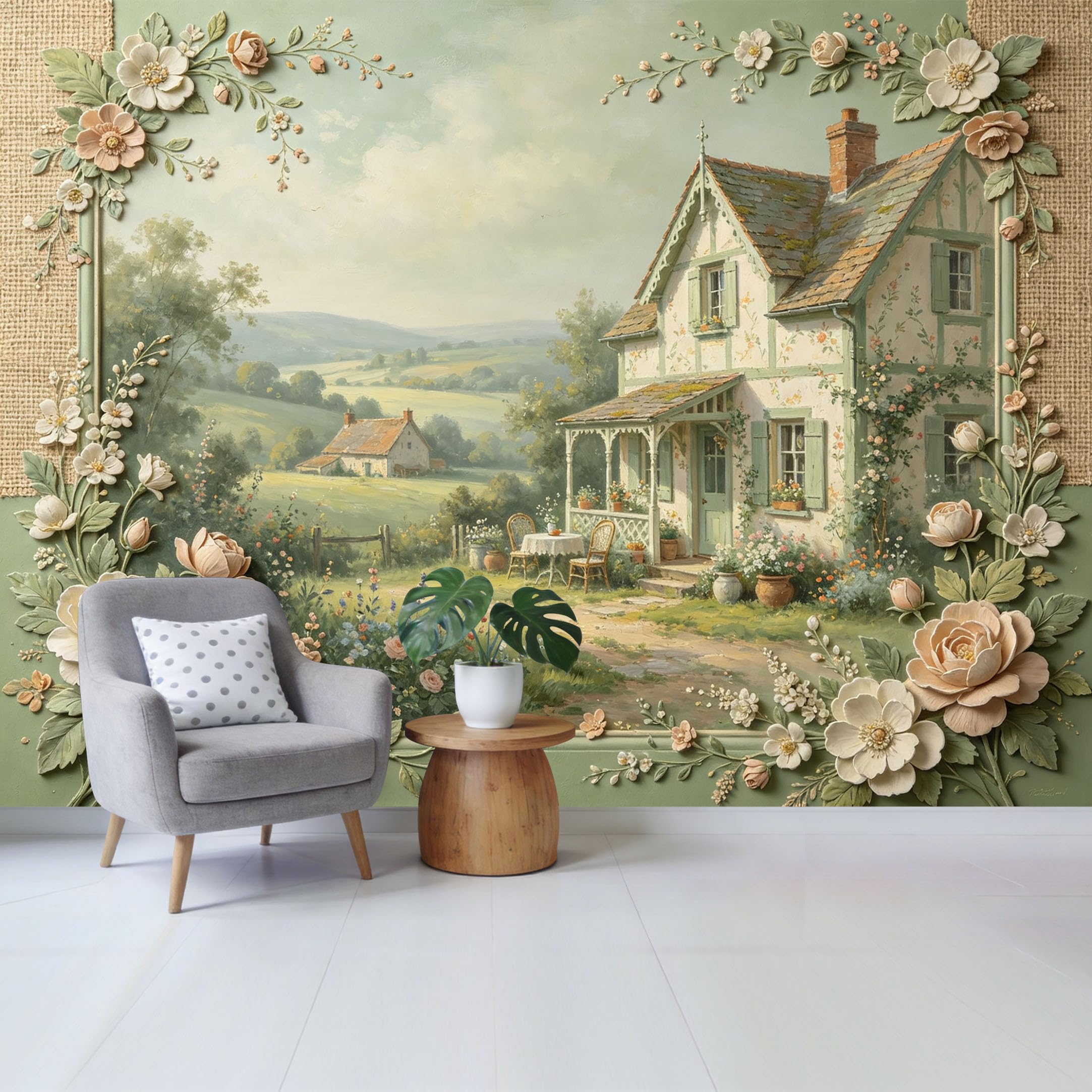 Qzlithotic Yq2605251160 Custom Size Wall Mural Vintage Farmhouse Countryside Cottage Floral Oil Painting Selfadhesive Wall Fabric Removable Wallpaper For Home Office Decor
