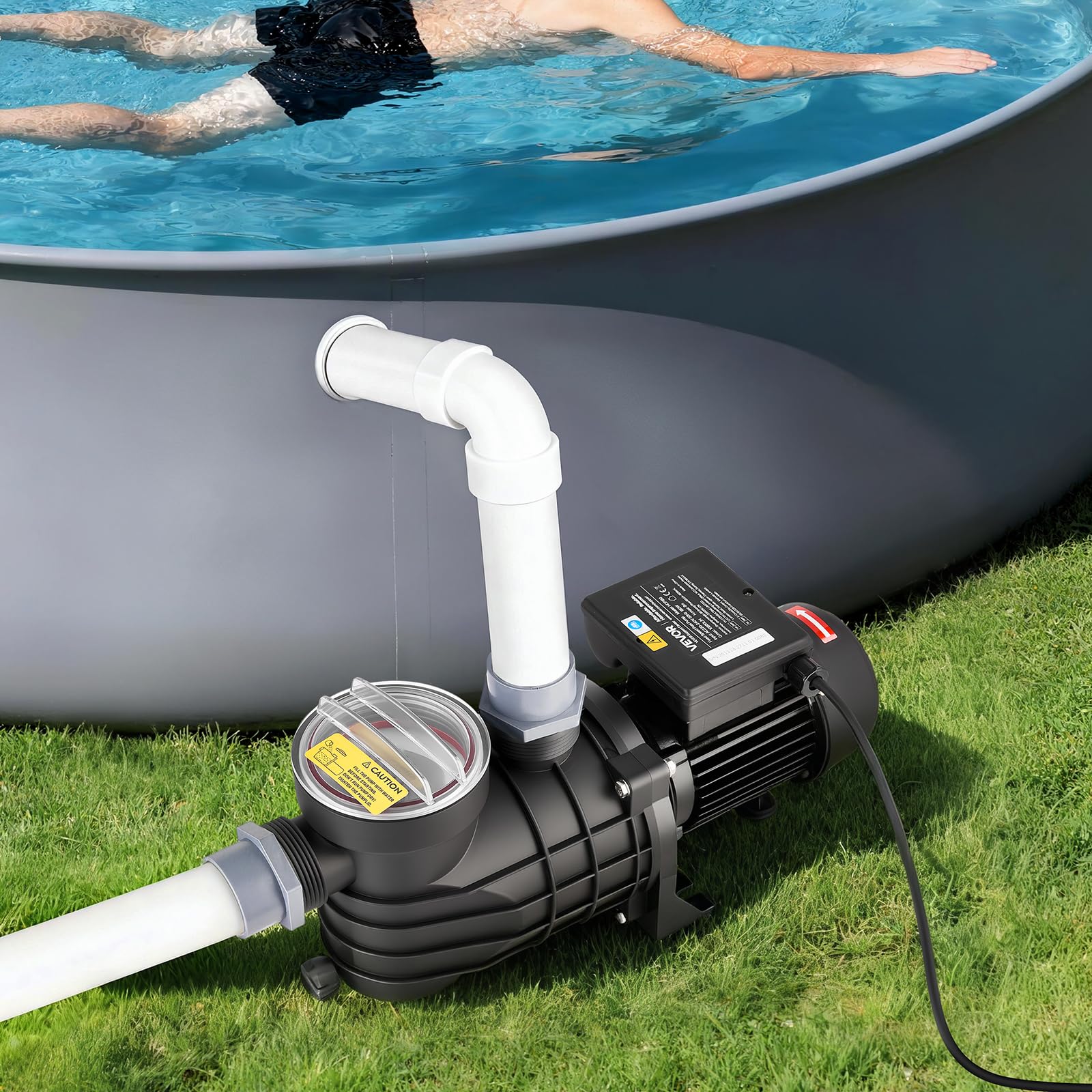 VEVOR Bomba para Piscina Elevada 180 W Caudal Máximo de 10800 L/H Bomba de Filtración para Piscina de Una Sola Velocidad, CA 220-240 V 2850 RPM, Altura de Elevación Máxima de 8 m, con Filtro y Tapa