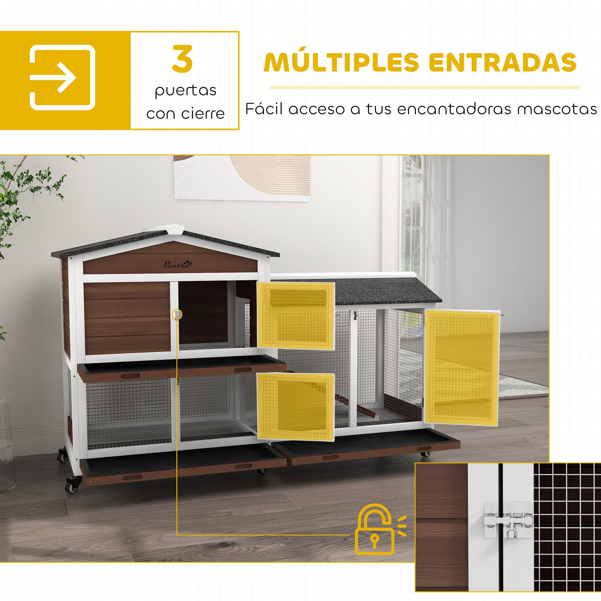 PawHut Conejera de Madera con Ruedas 157,4x53x99,5 cm Jaula para Conejos Grande con Techo Asfáltico Bandejas Extraíbles y Rampa para Exterior e Interior Marrón