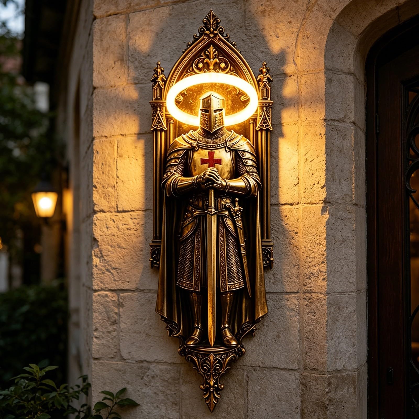 Large Knight Wall Light, LED Resin Knight Statue, Medieval Decorative Night Lamp, Wall Sconce Light Knights for Home, Living Room, Bedroom, Dorm, Restaurant and Hotel Decor (Gold)