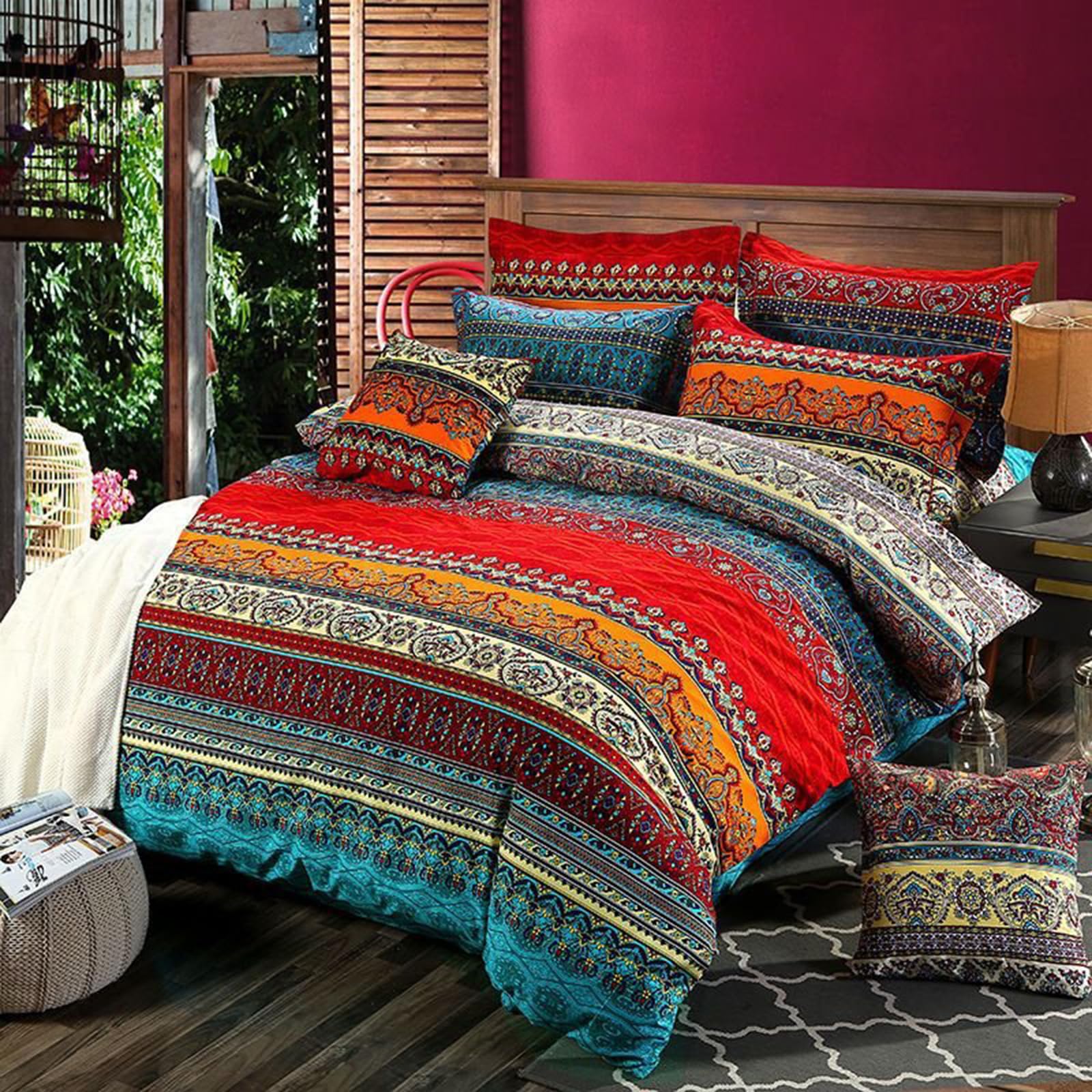 E-yimeng Single Duvet Cover Sets Boho Bedding Sets Red Duvet Covers Colorful Bohemian Bedding Collections with 1 Pillowcase Zipper Luxury 135x200 cm - Image 3