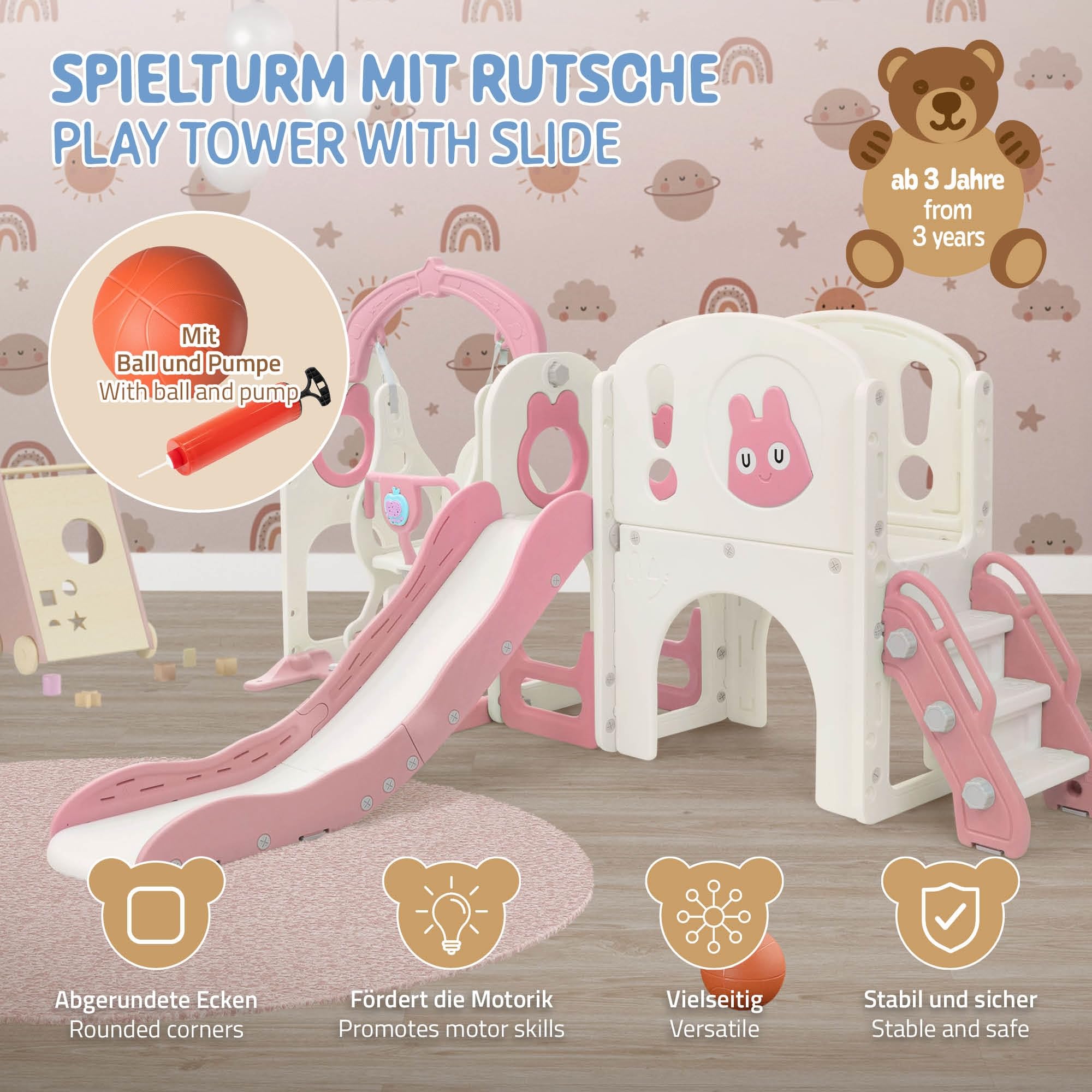 Joyz Scivolo con Tunnel per Bambini 6 in 1, Parco Giochi Interno/Esterno con Altalena, Scala da Arrampicata, Canestro da Basket e Telescopio, Set da Gioco con Scivolo Rosa/Bianco, da 3 Anni
