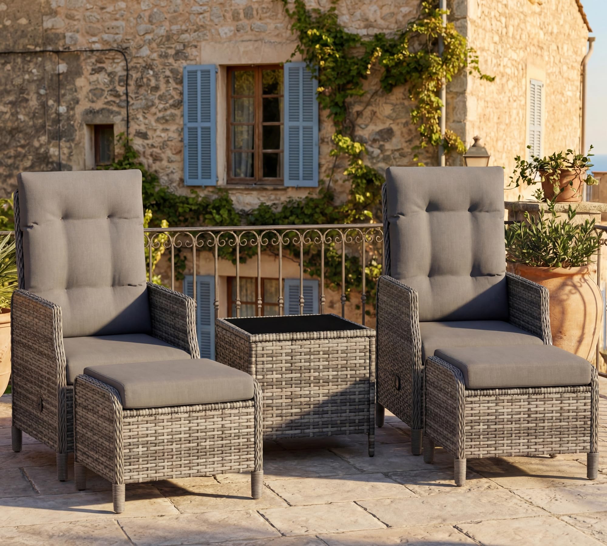 UDPATIO Rattan Gartenmöbel Set 5-teilig mit Verstellbaren Sessel, Fußhocker und Couchtisch | Lounge Möbel Outdoor Set | Balkonmöbel Kleiner Balkon | Wetterfest Terrassenmöbel | Dunkelgrau