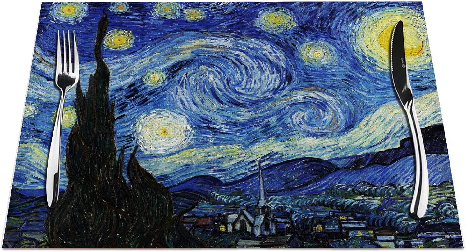 Starry Night Placemats Set of 4, Starry Night by Vincent Van Gogh Placemats Heat Resistant for Dining Table Non-Slip 18x12 Inches