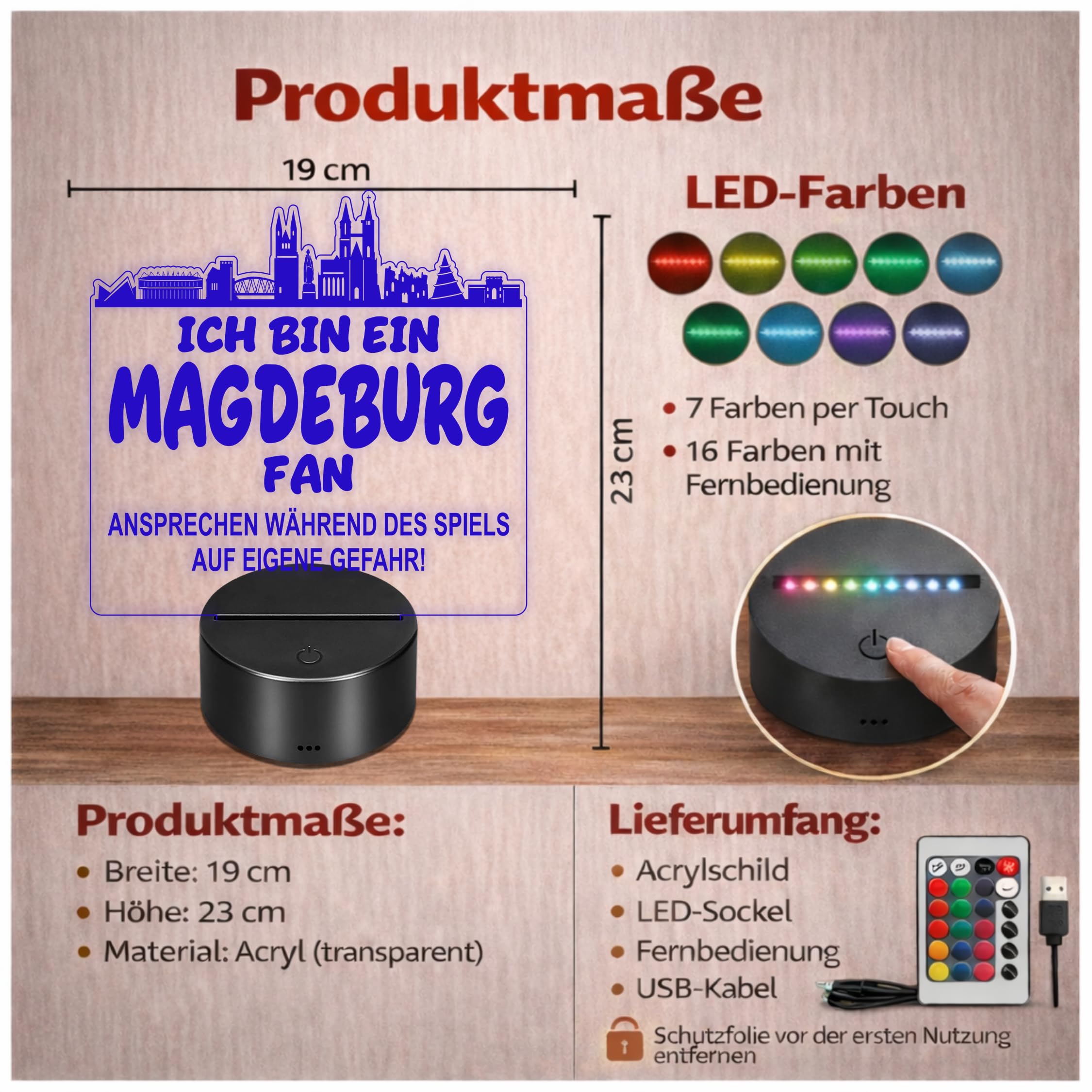 Lieblingsmensch Magdeburg Fan Fußball LED Nachtlicht – 3D Skyline Design „Ansprechen auf eigene Gefahr“ – RGB Farbwechsel mit Fernbedienung & Touch – Stimmungslicht für die Man Cave – 19x23cm