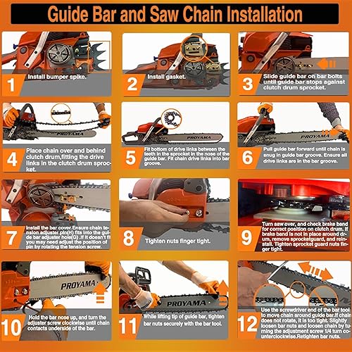 Miniatura 7 de PROYAMA Motosierra de gasolina de 2 ciclos de 62CC, 22 pulgadas y 18 pulgadas de mano inalámbrica para corte de madera de árbol