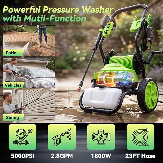 4800 PSI Pressure Washer Electric Power Washer, 1800W 2.8GPM High Pressure Washer, Professional Washer Cleaner, with 5 Nozzles,3L Soap Bottle and 23FT Hose, Best for Cleaning Cars,Driveways,Patios
