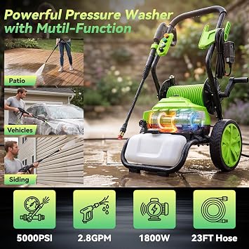 4800 PSI Pressure Washer Electric Power Washer, 1800W 2.8GPM High Pressure Washer, Professional Washer Cleaner, with 5 Nozzles,3L Soap Bottle and 23FT Hose, Best for Cleaning Cars,Driveways,Patios
