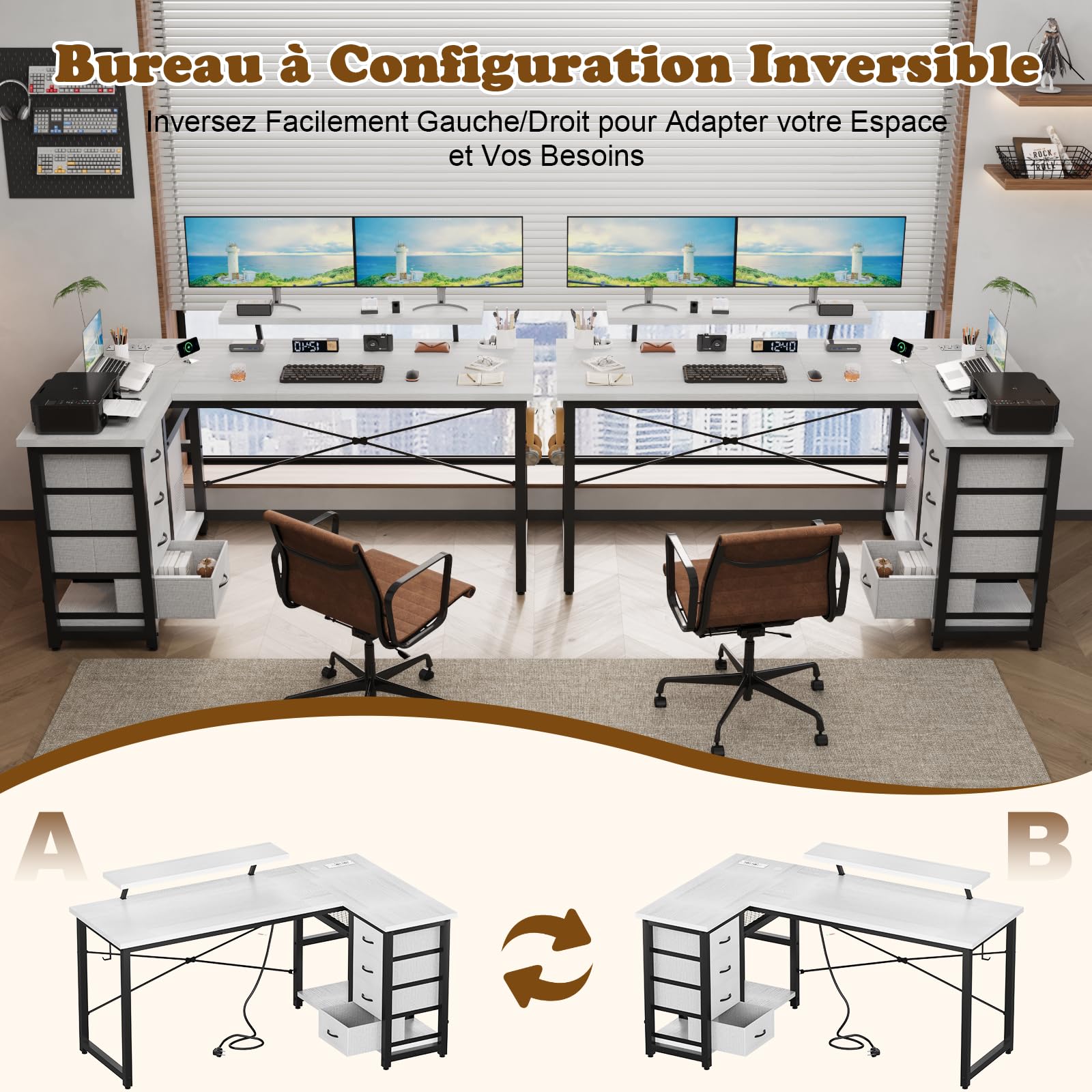 Devoko Bureau d'angle 160 x 80 cm, Bureau en L avec 4 Tiroirs,1 Port USB + 1 Port Typ-C et 2 Prise de Courant, Table Réversible avec Support d'écran pour Travail à Domicile, Blanc