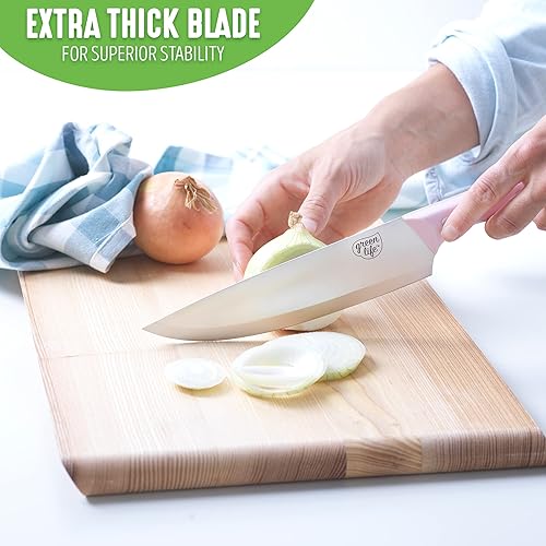 Miniatura 9 de GreenLife Juego de cuchillos de 3 piezas de acero inoxidable de alto carbono con cubiertas, incluye utilidad de chef y emparejamiento, asas de