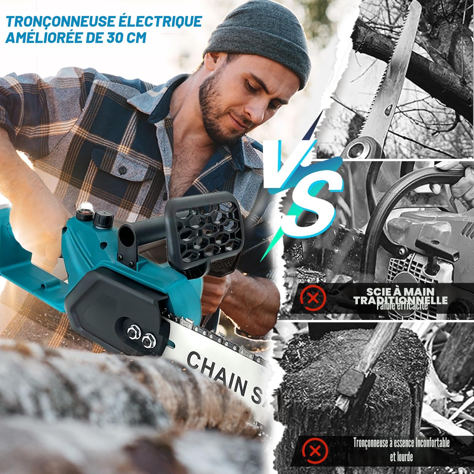 Tronçonneuse à batterie 12 pouces améliorée avec 2 batteries 18 V 5,5 Ah et chargeur, moteur en cuivre 4100 tr/min, tronçonneuse sans balais avec lubrification automatique pour coupe d'arbres