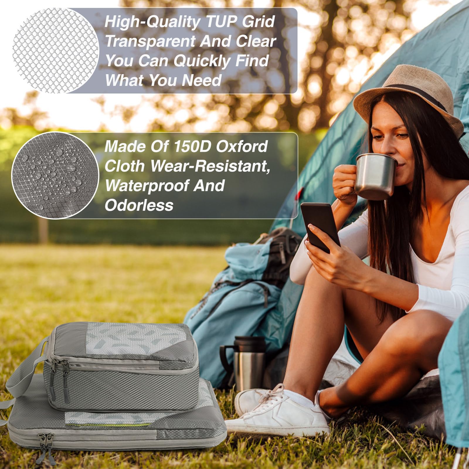 Set di 4 Organizer Valigia Compressione,Zip Packing Cubes Compression Organizer Valigie Salvaspazio Borsa da Viaggio in Rete