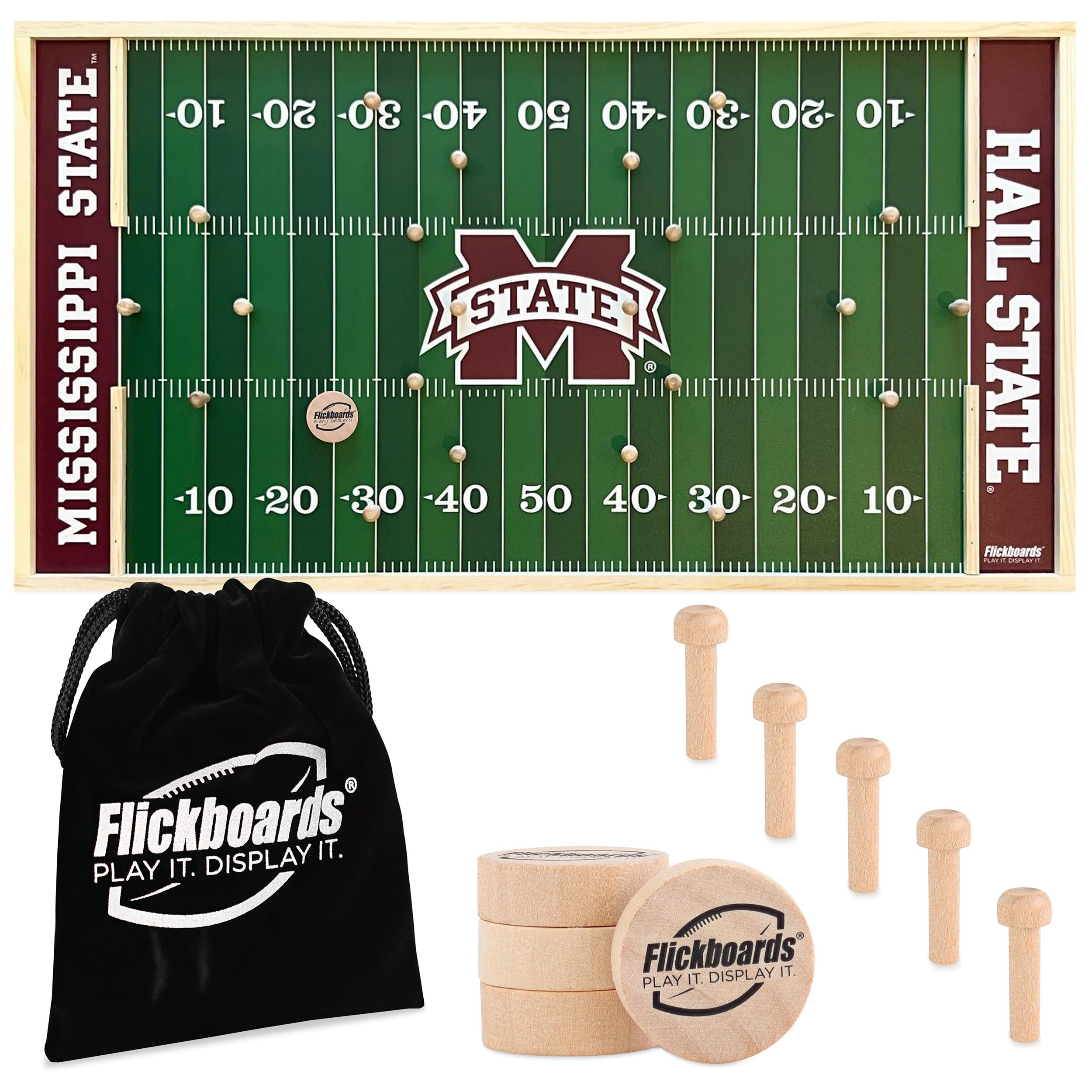 Flickboards 2 in 1 Officially Licensed Mississippi State Bulldogs Party Game and Sports Decor - Family Friendly 2 Player Indoor Outdoor Handcrafted Wooden Tabletop Football for Tailgating Fun
