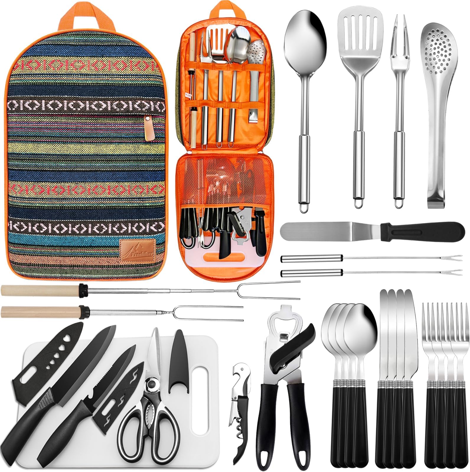 - Portable Camping Kitchen Utensil Set-27 Piece Cookware Kit, Stainless Steel Outdoor Cooking and Grilling Utensil Organizer Travel Set Perfect for Travel, Picnics, RVs, Camping, BBQs, Parties and More