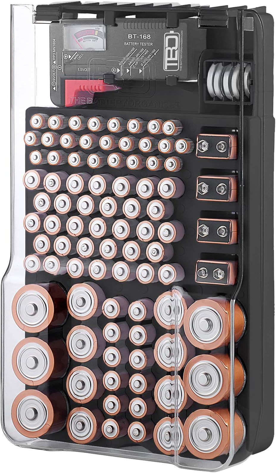 The Battery Organizer and Tester with Cover, Storage Organizer and Case, Holds 93 Batteries of Various Sizes, Includes a Removable Battery Tester, Battery Holder for Garage Organization, Black