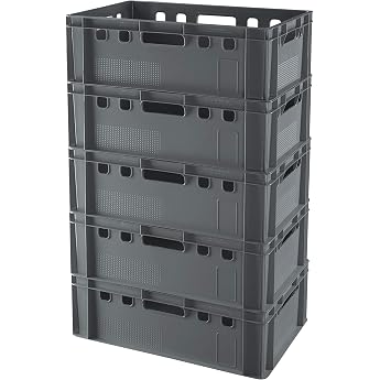 Pack of 5 E2 Crates 60 x 40 x 20 cm Meat Box Storage Box Butcher Crate in Grey