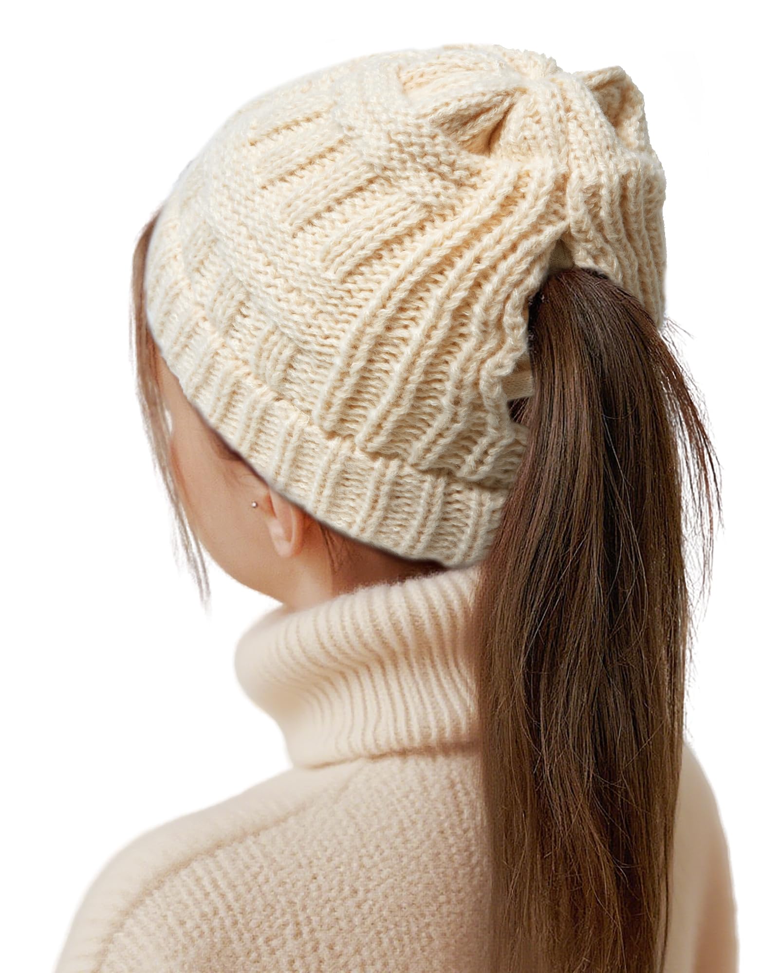 Bonnet Tricoté pour Femmes Bonnet d'hiver avec Trou pour Queue de Cheval Chaud Chapeaux Tricoté d'hiver pour Femmes et Filles