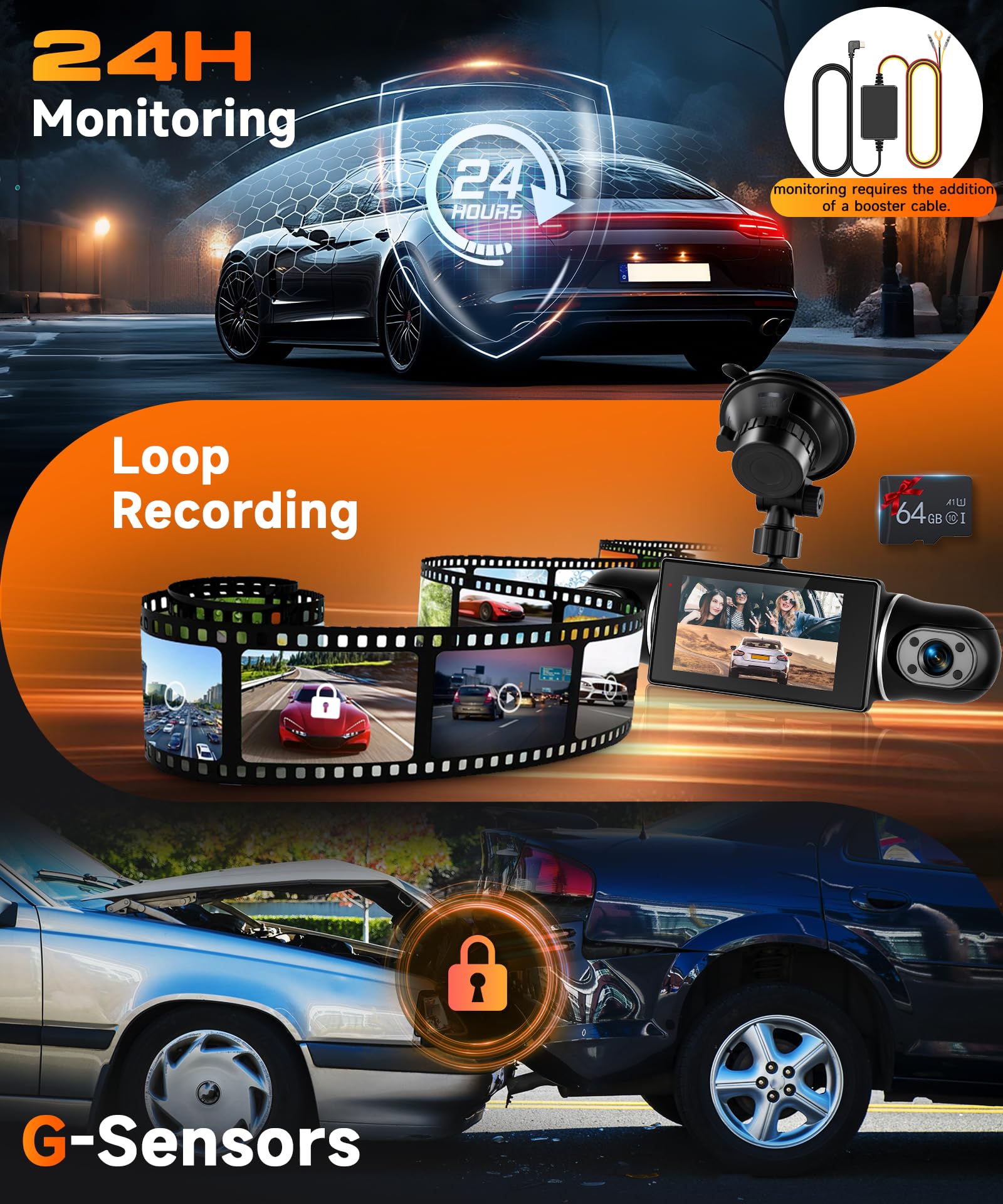 VECHTEL 2K/1080P Dashcam per auto anteriore e posteriore con WiFi, 4* Dash Cam Telecamera per auto con schermo IPS da 3 pollici,visione notturna,sensore G,protezione a 360 gradi,Con 64GB SD Card