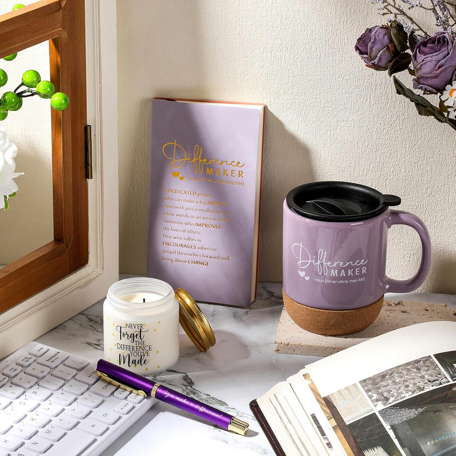 Vesici 4 Pcs Difference Maker Gift for Women Men Difference Maker Mug Notebook Candle Motivational Pen Employee Appreciation Gift for Teacher Mother Father Nurse Coworker Secretary(Purple,Word)