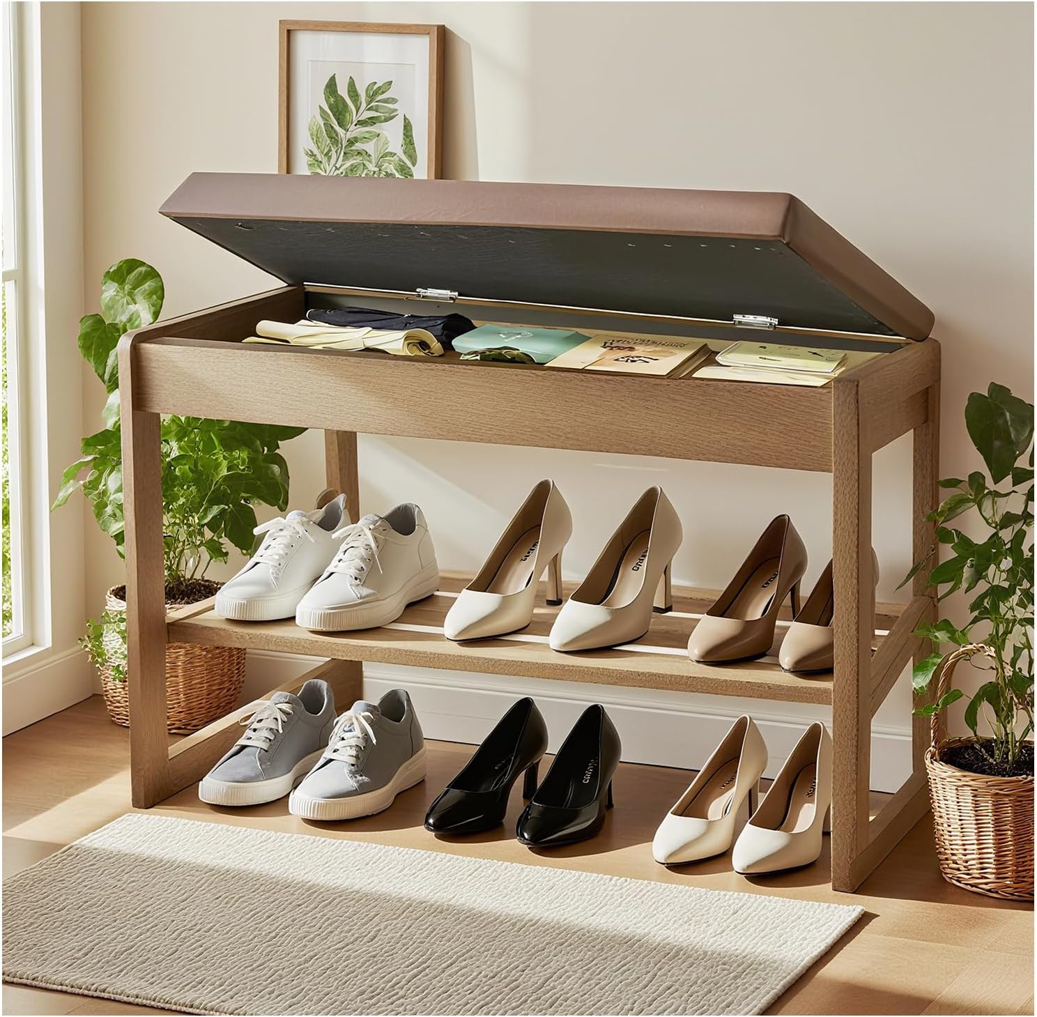 ZHIYUEJING 2-Tier Wood Shoe Bench with Flip-Top Storage Cabinet, 31.5″, Entryway Bench with Shoe Storage, Front Door Shoe Rack（Walnut）