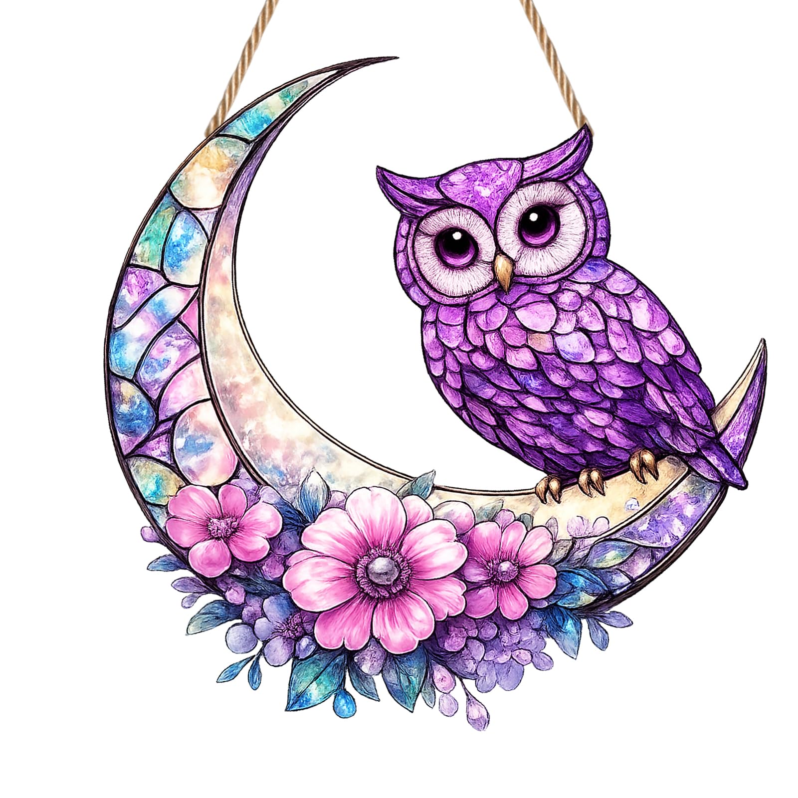 Purple Owl Sun Catchers for Windows, Spring Tulip Acrylic Sun Suncatcher, Stained Glass Owl Garden Ornaments Outdoor, 2D Flat Hanging Garden Fence Decorations for Home Window Wall Decoration