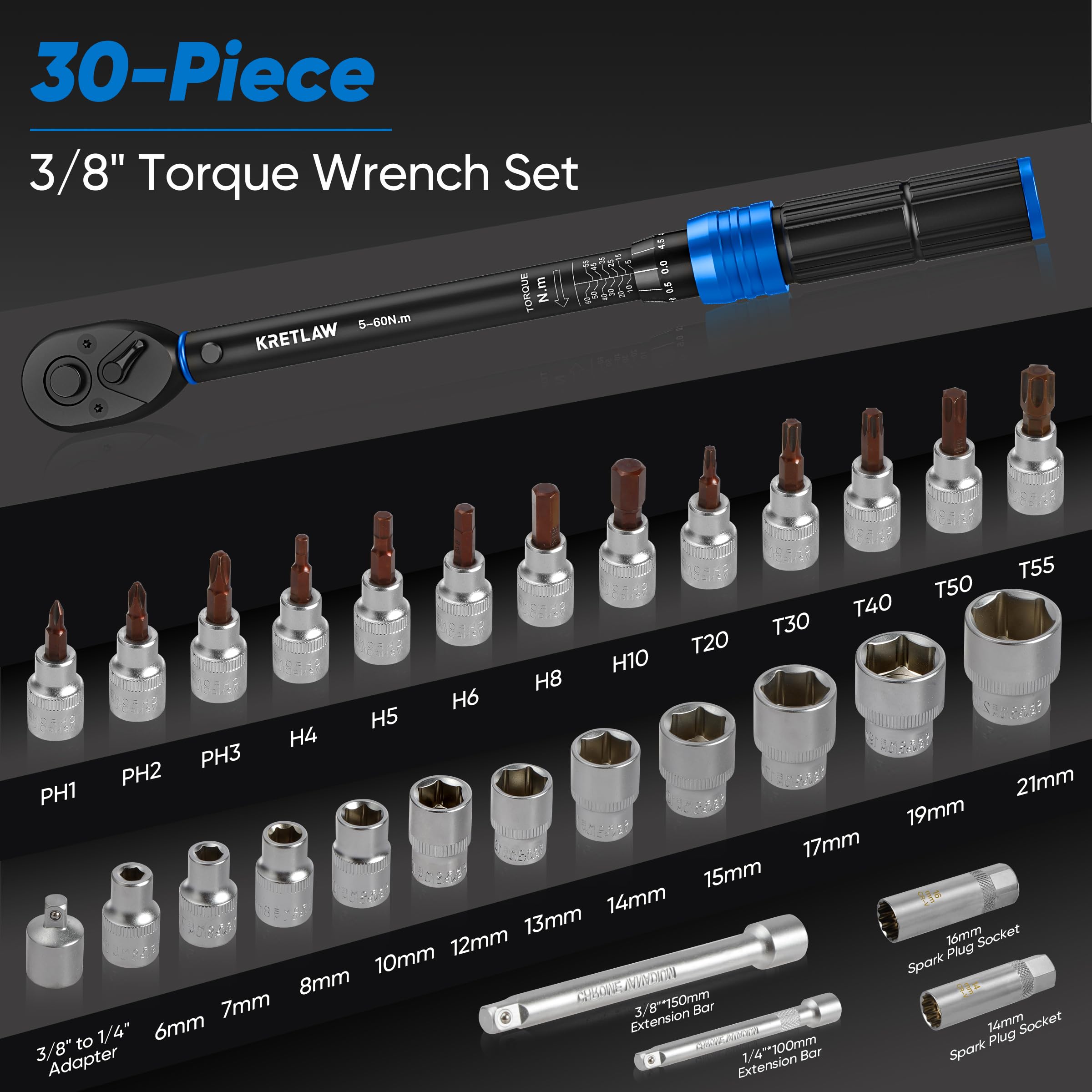 KRETLAW Juego de Llave Dinamométrica de 30 Piezas, Llave de Torque de 3/8" (5-60 Nm), Trinquete de 72 Dientes, Precisión ±3% con Extensiones, Vasos y Adaptador
