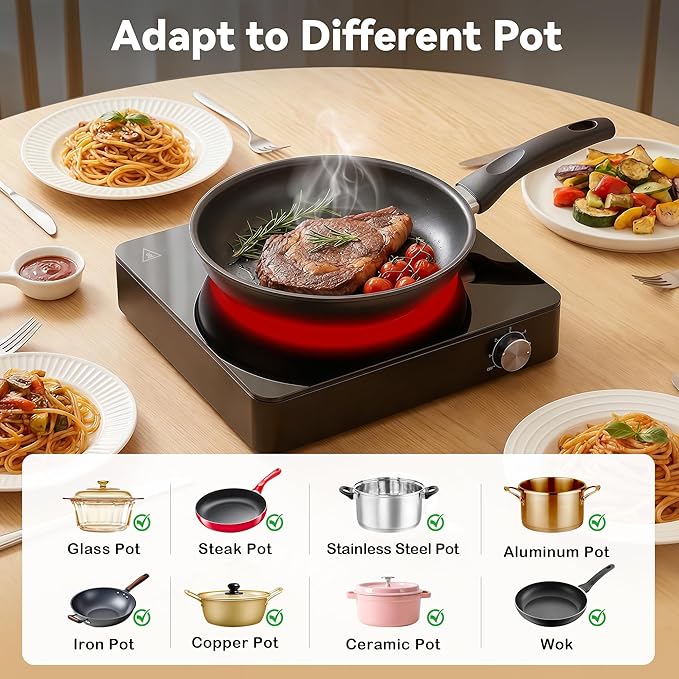 Placa de cocción eléctrica portátil de 1200W con 1 disco y control de perilla miniatura 7