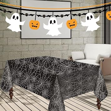 Emopeak Halloween Black Spider Tablecloth 54 x 108, Spider Web Rectangular Decorations Table Cover Spillproof Washable Table Topper Perfect for Halloween Decoration, Dinner Parties