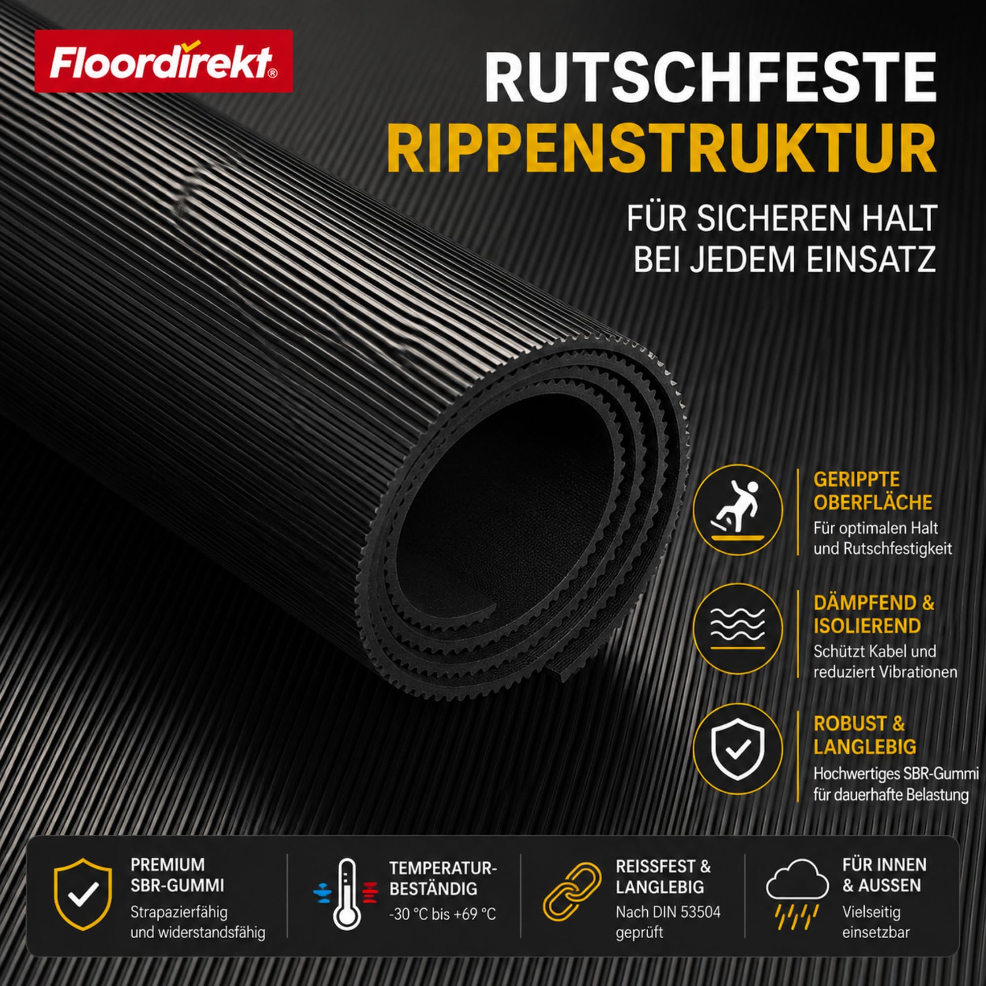 Floordirekt - Kabelschutzmatte 3 mm, Kabelmatte, Feinriefenmatte Kabelschutzmatte Outdoor kabelmatten Gummi (50cm, 5 Meter)