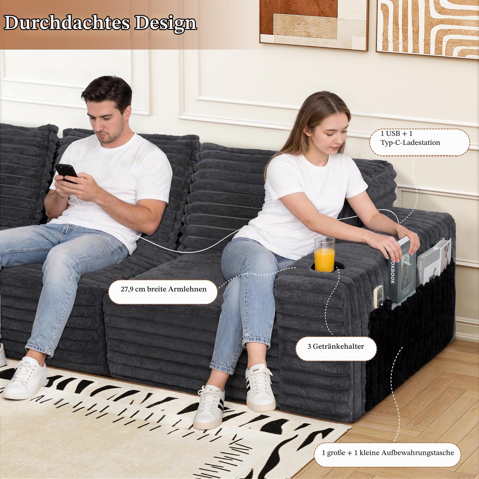 Sofa mit Schlaffunktion 280cm Breit L-förm Ecksofa mit Corduroy Fabric Modulares Cloud-Sofa mit 5 Kissen Boneless Couch mit USB-Ladeanschluss Schlafsofa für Schlafzimmer, Wohnzimmer (Grau)