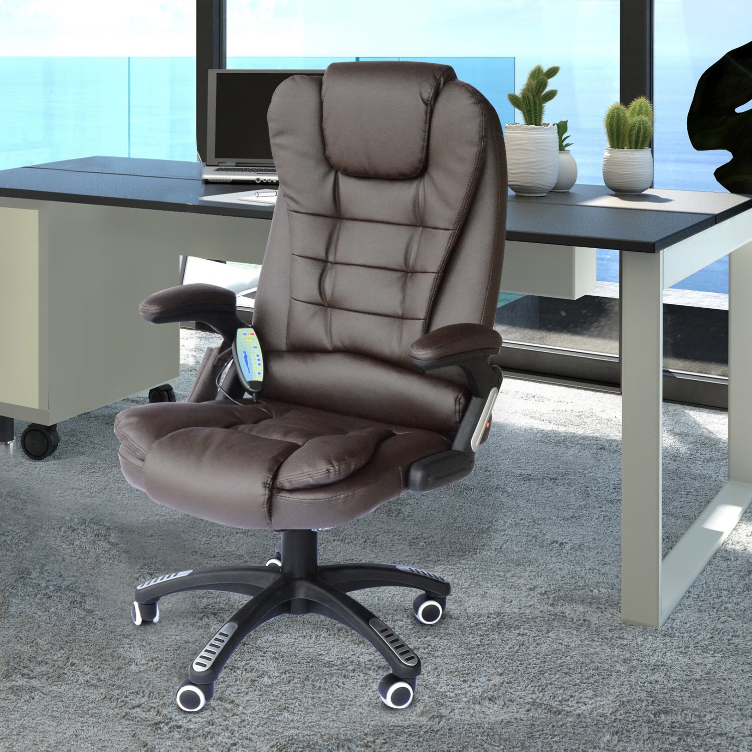 HOMCOM Silla de Oficina y Escritorio Regulable en Altura Reclinable 135° y Función Basculante Con Calefacción y Función Masaje con 5 Programas y 6 Puntos Vibratorios 62x68x111-121cm Hasta 120kg Marrón