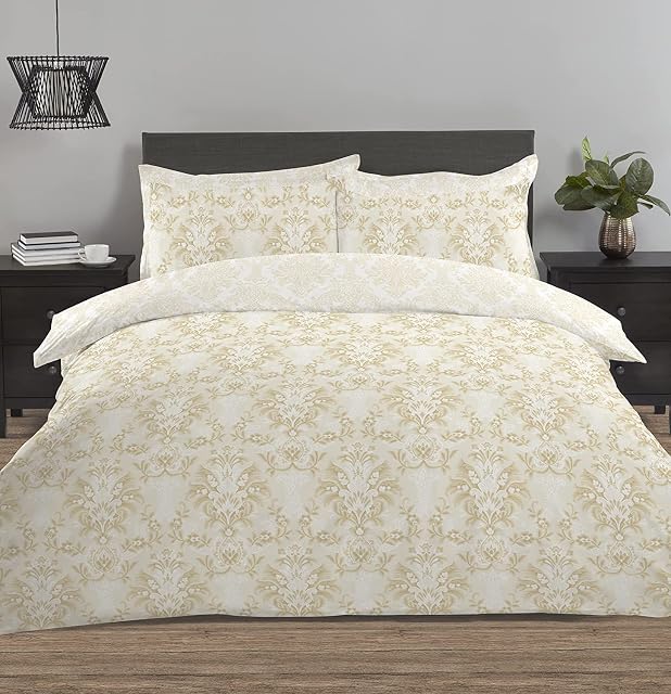 Night Comfort Percale Double Duvet Cover Set with Pillowcases - Beige Buttermilk Damask Pattern Anti Allergy Polycotton Reversible Quilt and Pillow Covers Full Bed Set