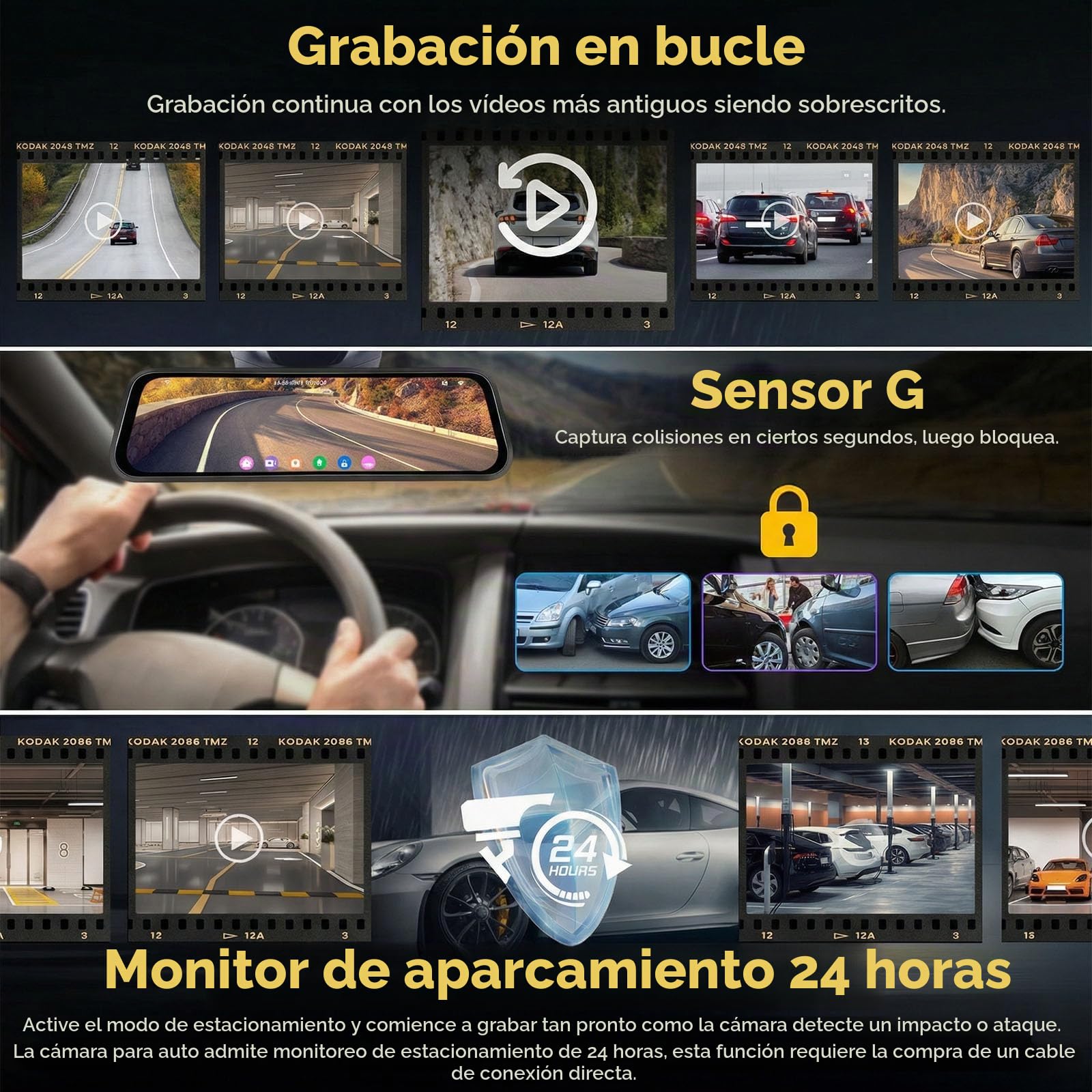 SIXTOP Cámara de Salpicadero Espejo 9,66 Pulgadas y Cámara de Visión Trasera | 4K Frontal + 1080p Trasera | Visión Nocturna WiFi y Control Aplicaciones BSD LCA Sensor G Grabación en Bucle