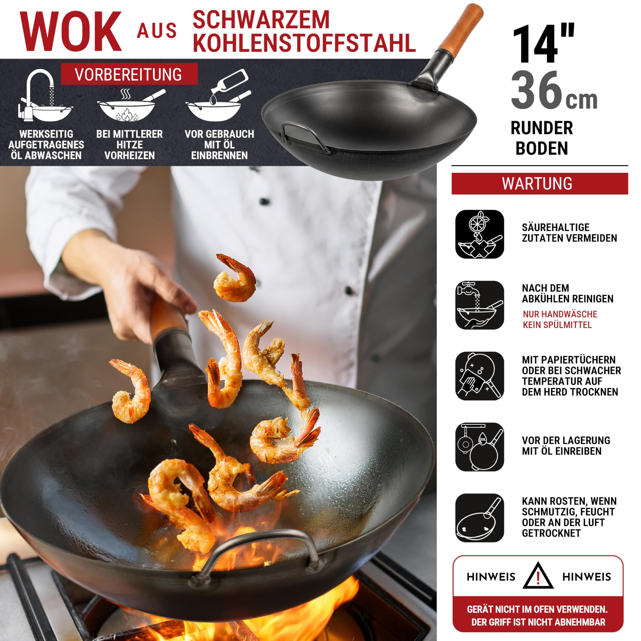 YOSUKATA Karbonstahl Woks & Wokpfannen - 36 cm Voreingebrannter Wok Pfanne Carbonstahl Runder Boden - Traditionell Wok Für Gasherd - Kompatibel mit Gas, Grill, Feuer, Gasgrill - Asiapfanne