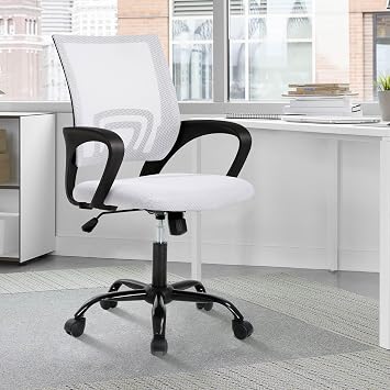 Comfy Office Chairs with Mid Mesh Back Lumbar Support, Home Office Desk Chairs Ergonomic Computer Chair with Seat Armrest Adjustable 360-Degree Movement for Company,Bedroom,Study White
