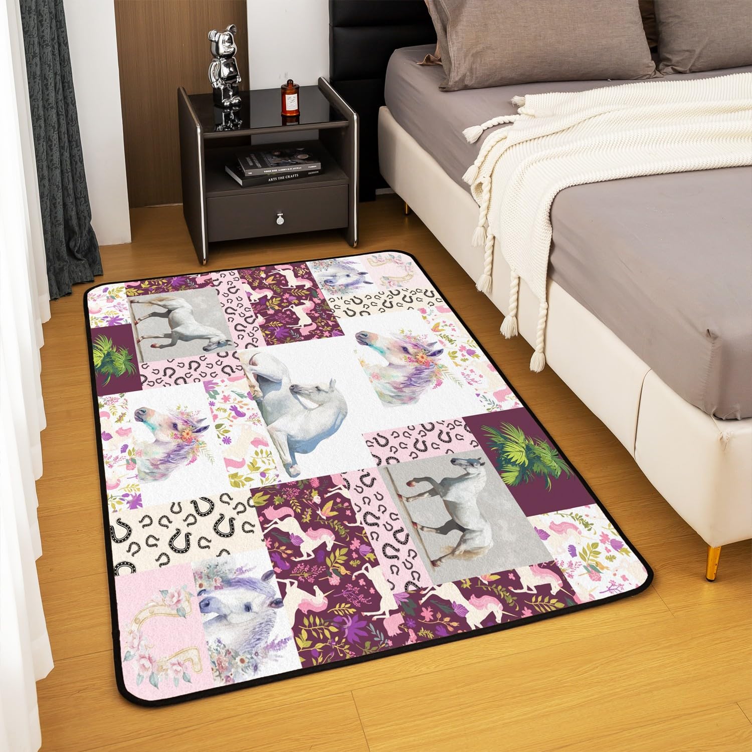 Loussiesd Alfombra decorativa con diseño de caballo, 150 x 200 cm, diseño de flores, para interiores y niñas, diseño de herradura occidental, alfombra decorativa para sala de estar