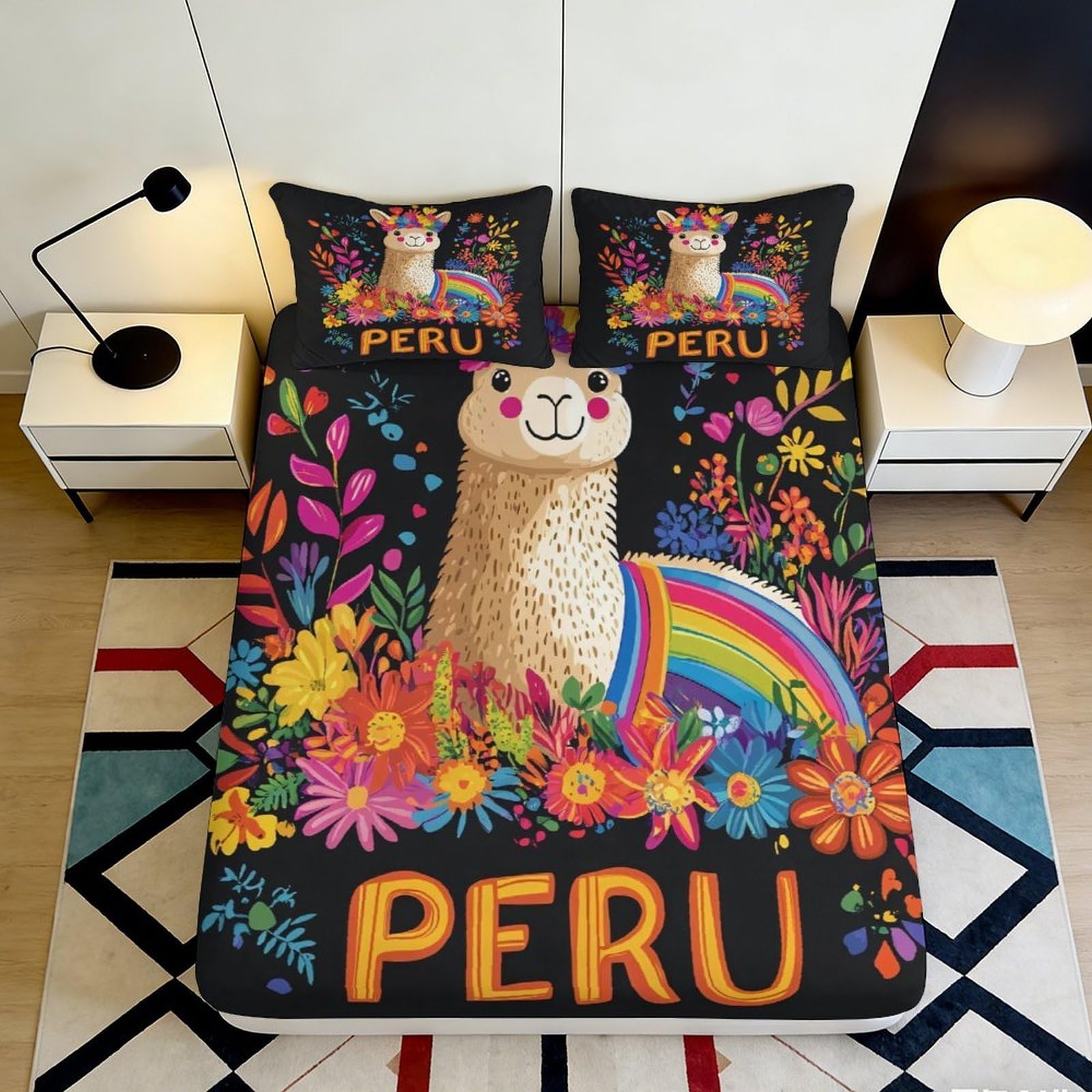 3D Printed Alpaca Rainbow Fitted Sheet Microfiber Anti-Slip Mattress Cover Floral Peru Pattern for Bedroom Guest Room Decor 140x200x25cm