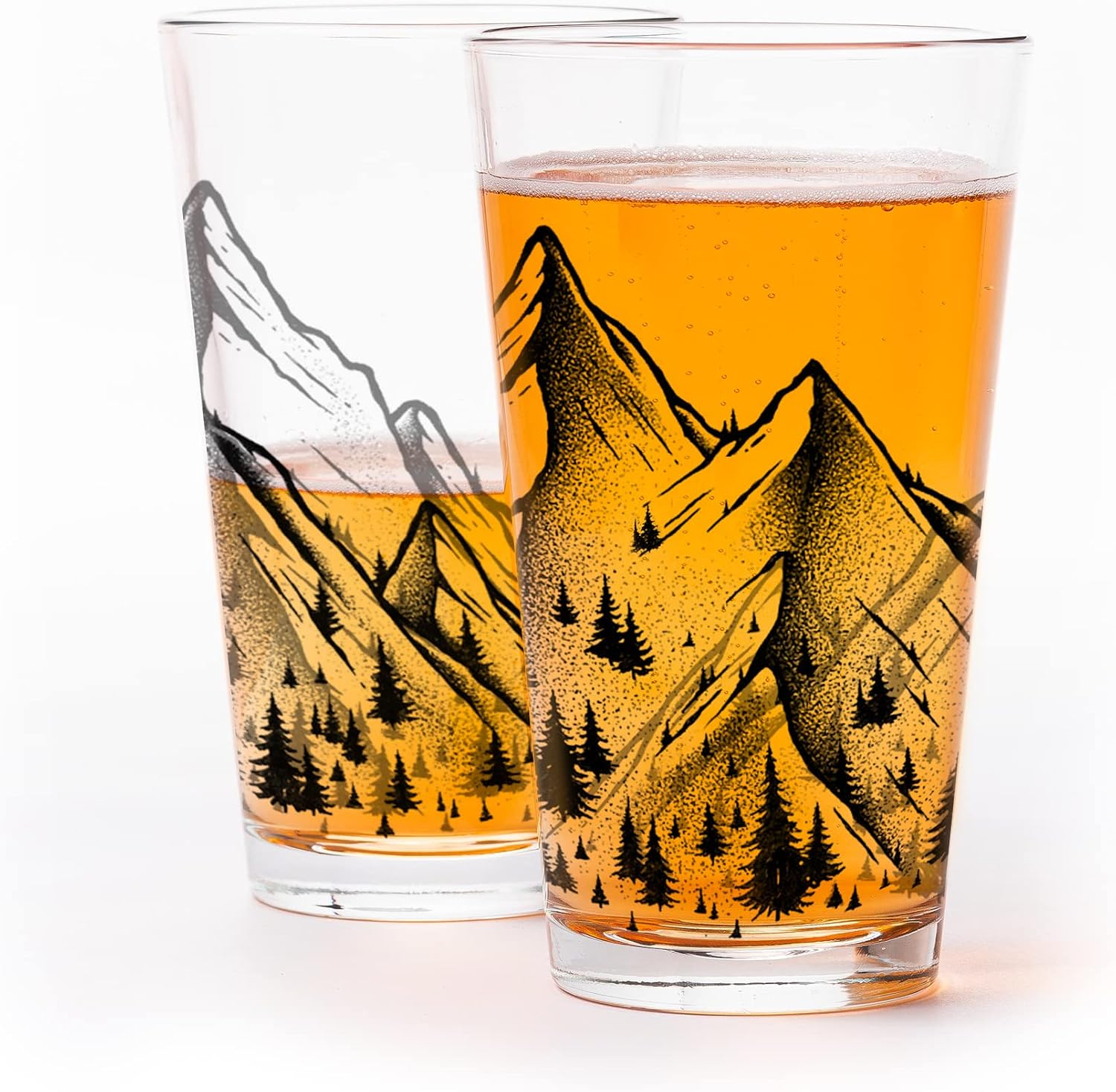 Black Lantern Set of 2 Pint Glasses – Screen Printed Drinking Glasses - 16 oz Highball Water Glasses Cups Sets Beer Glasses Tumblers Bar Glasses for Home and Kitchen (Bigfoot + Mountain Landscape)