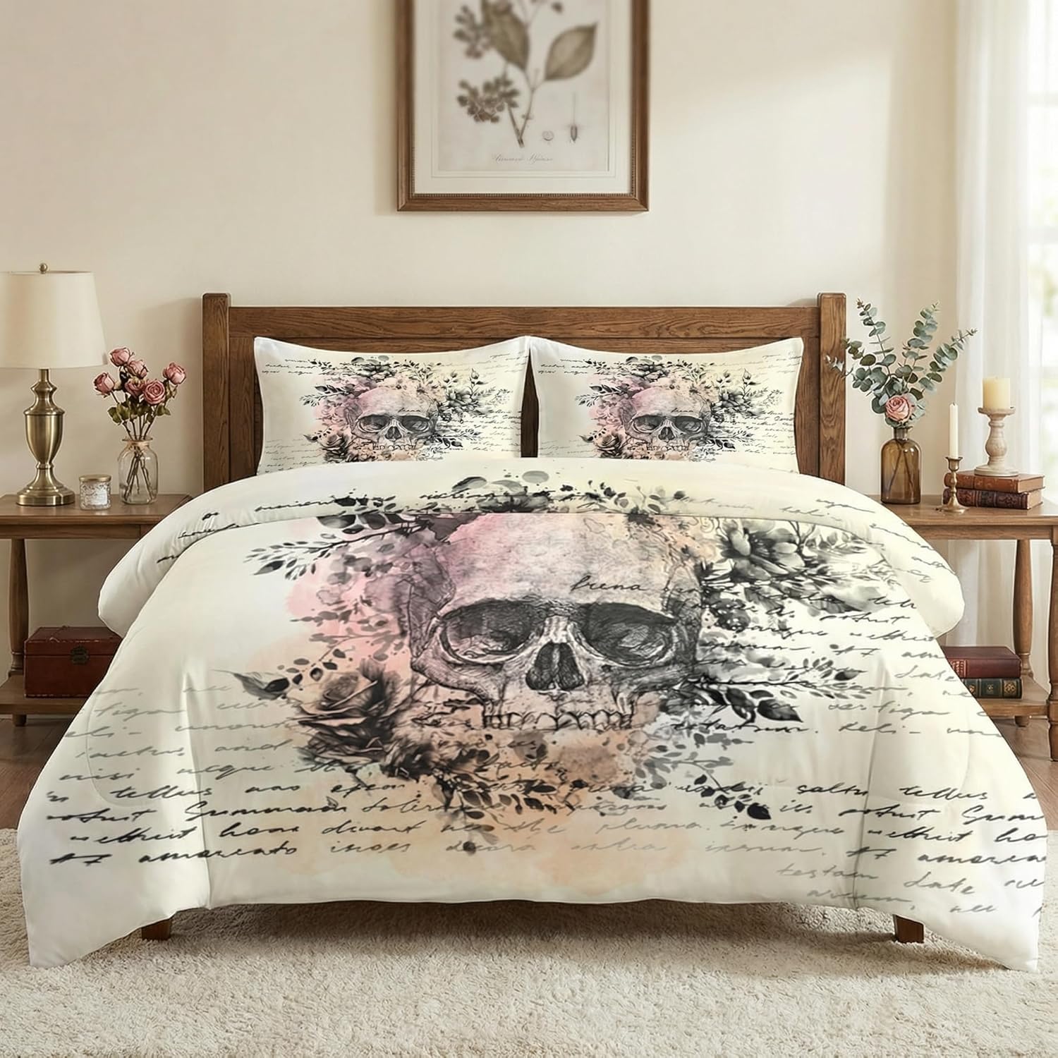 Queen Size Comforter Set with 2 Pillowcases, Rock Goth 3 Pcs Bedding for Adults, Retro Gothic Soft Comforter Set for Bedroom Bed Decor