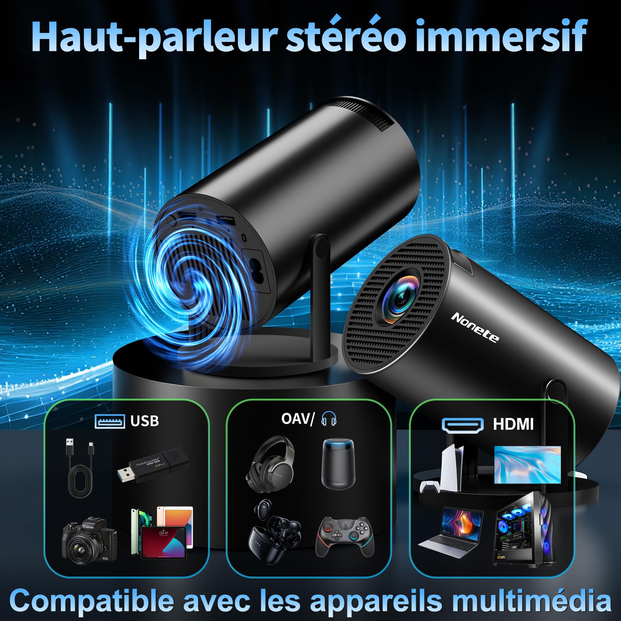 [App Intégrée & 2026 Upgraded] Vidéoprojecteur 4K 1080P Mini Projecteur avec WiFi 6 et Bluetooth 5.2 Supporte Auto Keystone 270° Rotation Compatibile avec HDMI/TV Stick/Memory Stick/PC, Noir