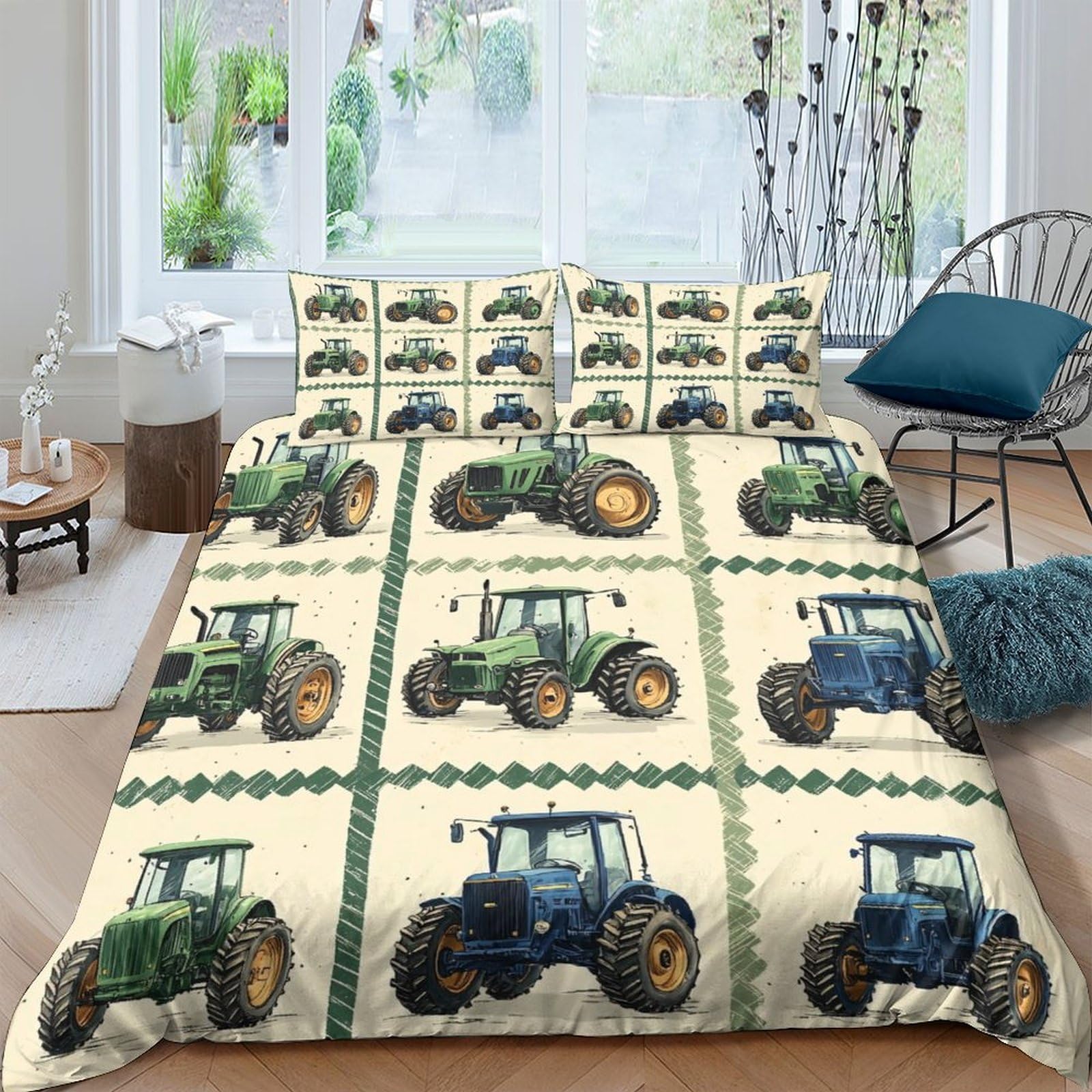 GPLZQXKJNH 3D Printed Tractor Farm Duvet Cover Microfiber Soft Green Blue Bedding Set with 2 Pillowcases for Bedroom Decor Single（135x200cm）