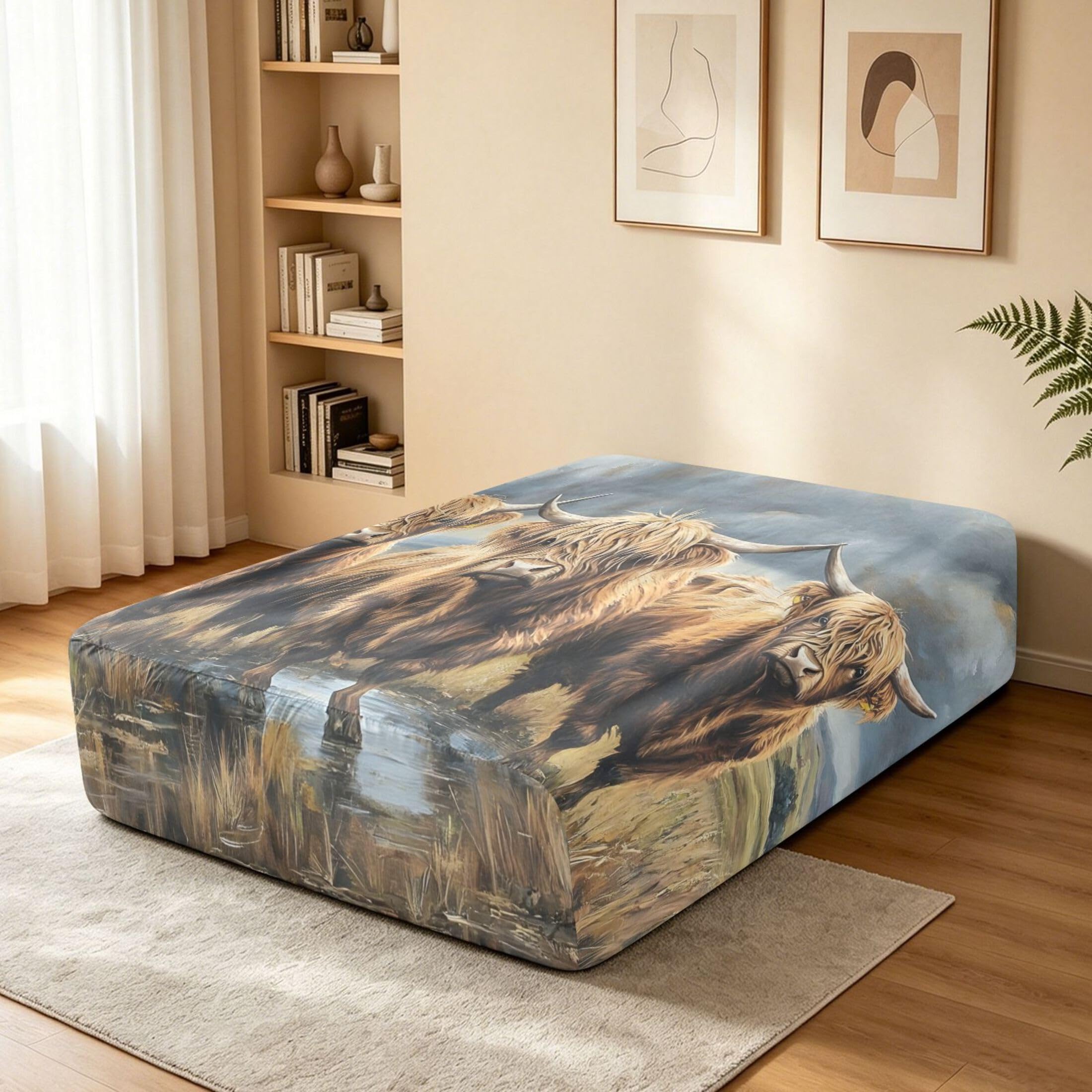 Highland Cows - Sábana bajera ajustable individual para colchón de aire, bolsillo extra profundo de 24 pulgadas, funda suave y transpirable con apertura de válvula de cremallera para cama de