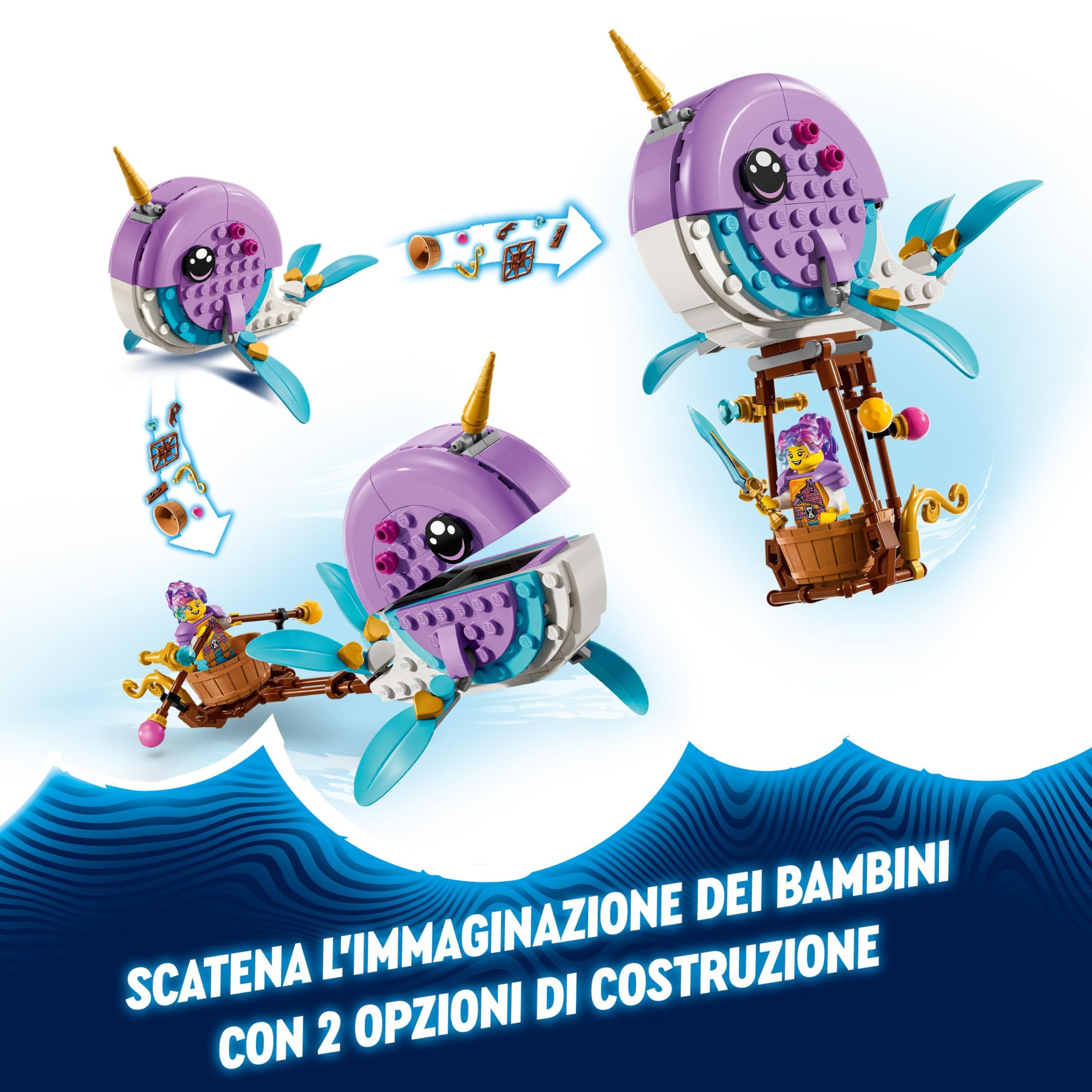 LEGO DREAMZzz 2 in 1 La Mongolfiera-Narvalo di Izzie con Animali Marini Giocattolo e Figura di Balena Trasformabile, Salva Bunchu da un Mostro, Idea Regalo per Bambine e Bambini da 7 Anni in su 71472
