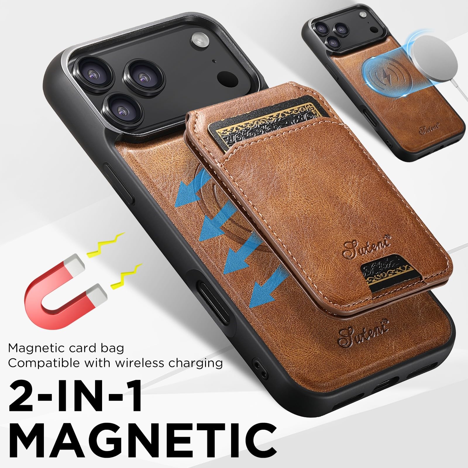 Generic Funda compatible con iPhone 15 (color: marrón) magnética de piel con función atril y tapa trasera de silicona