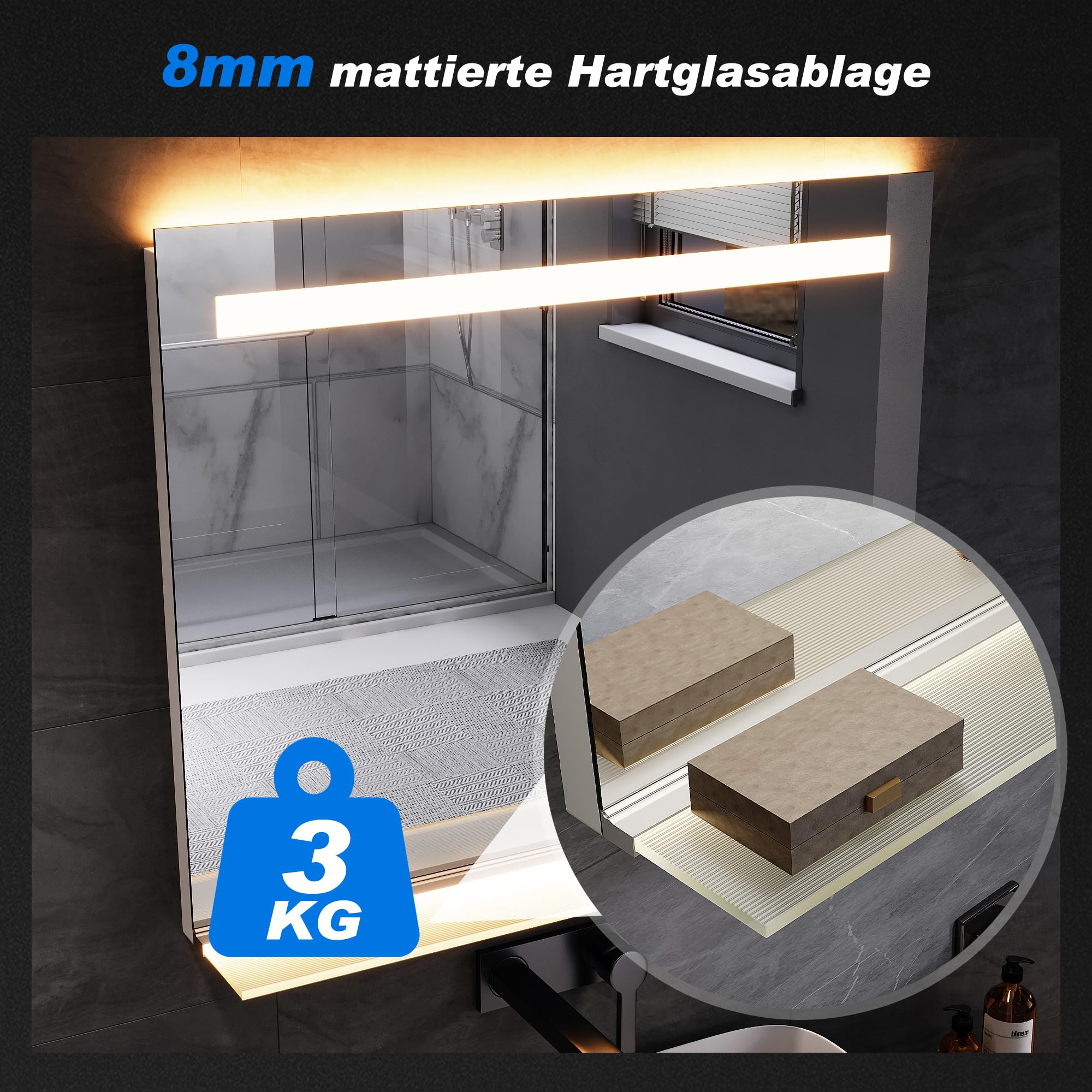 SONNI Lustro łazienkowe LED z półką 100 x 65 cm, dotykowe lustro łazienkowe z gniazdkiem, 3 kolory światła, funkcja zapobiegająca zaparowaniu i pamięci, 100 x 65 cm