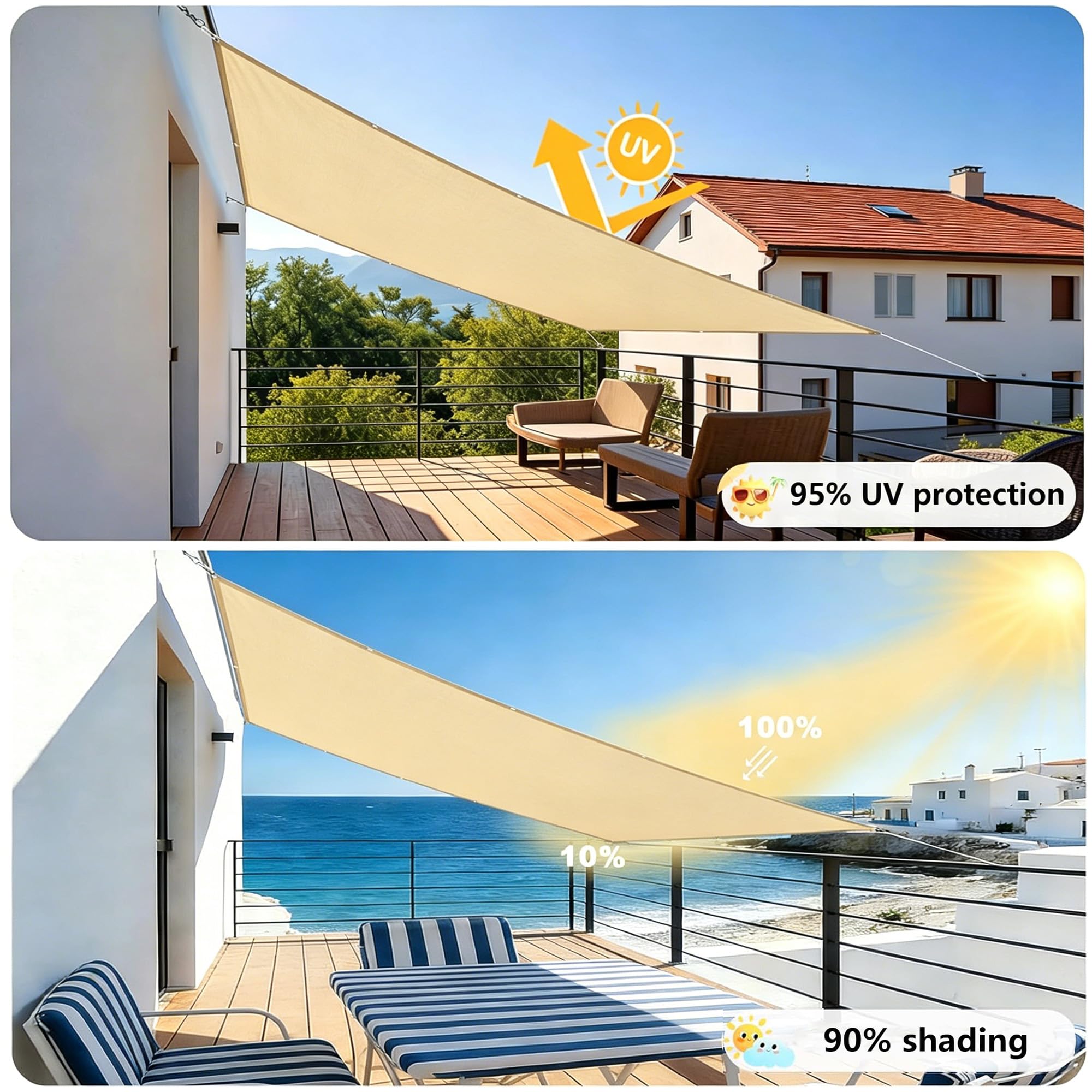 Sonnenschutz Balkon Ohne Bohren 4x5.5M Sonnensegel Markisenstoffe Meterware, Beschattungsnetz inkl Befestigungsseile, UV-Schutz, Wetterfest für Garten Terrasse Balkon 5.5x4 Sandgelb