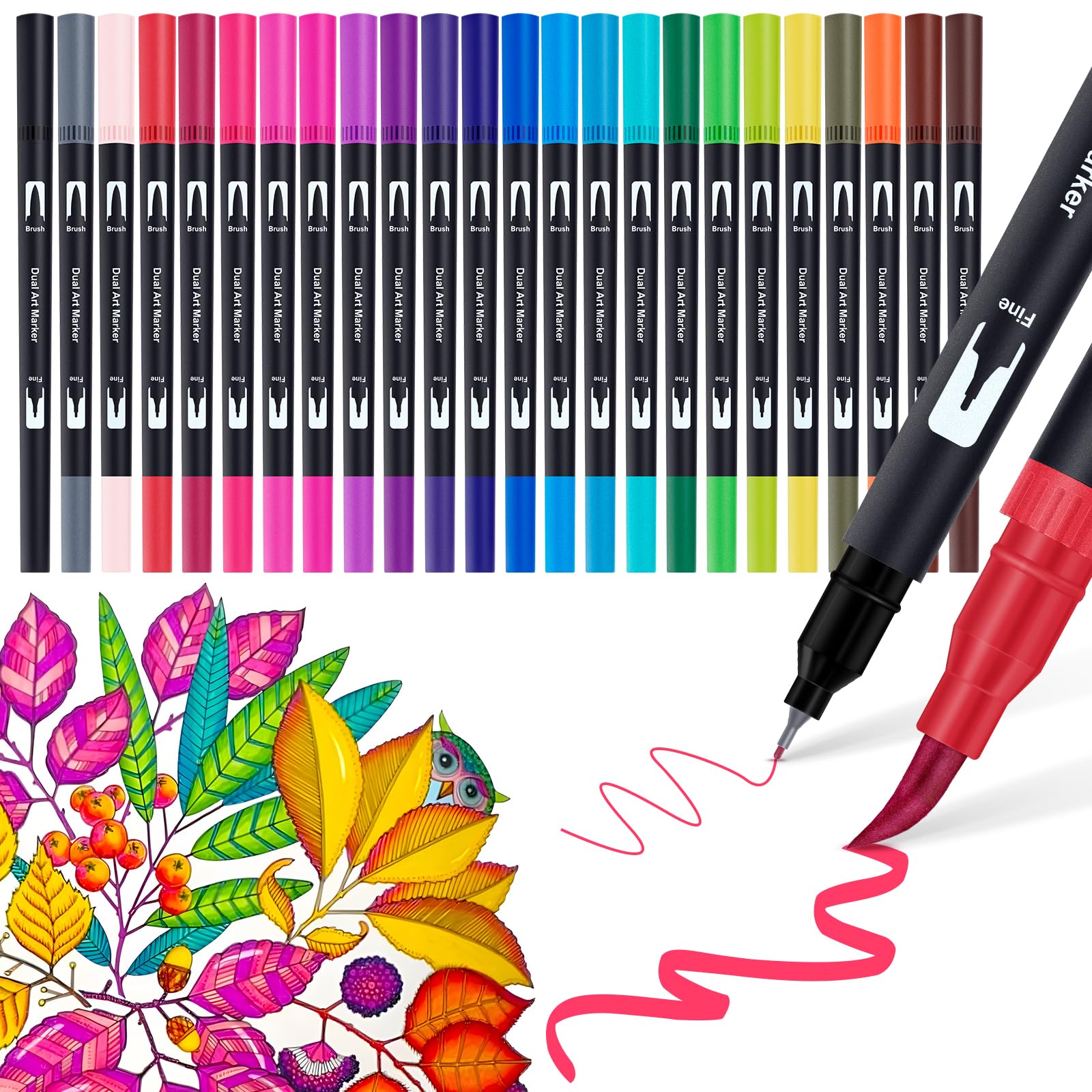 Dual Tip Brush Pens: 24 Colouring Pens for Adults Colouring Book, Felt Tip Pen Art Markers, Art Supplies Fineliner Brush Marker for Calligraphy Drawing
