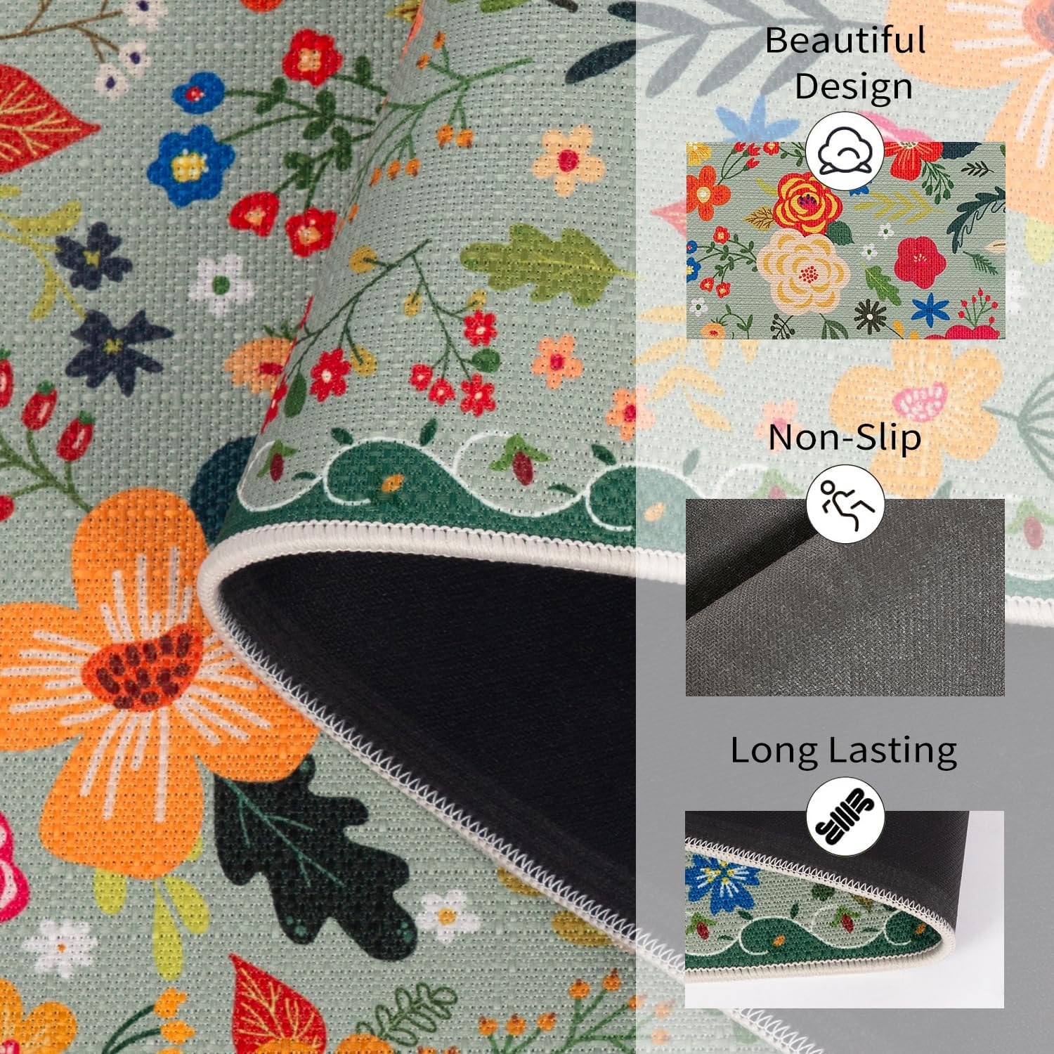 Floral Kitchen Rug Sets of 2, Boho Non Slip Washable Kitchen Mats for Floor, Spring Floral Kitchen Runner Rug for Hallway Laundry Sink 17x30 and 17x47 Inch, Green