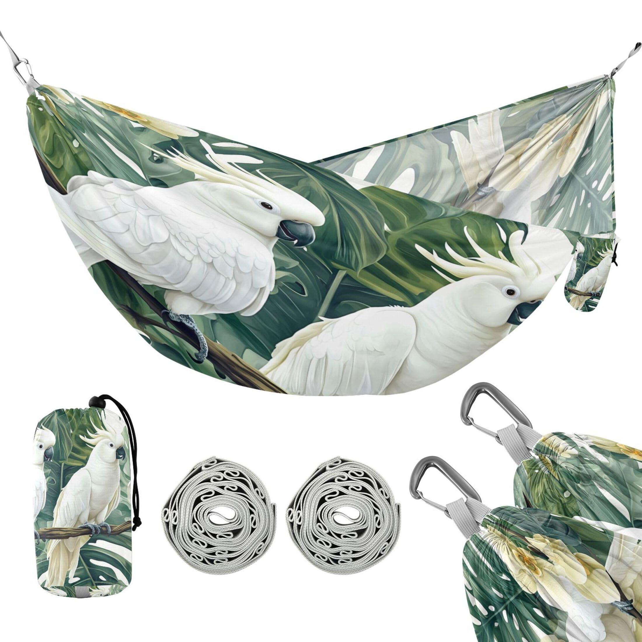 Takiito Tropical White Cockatoos Hammock 330 lb Capacity Travel Camping Hammock with Tree Straps, Portable Lightweight for Outdoor Beach Backpacking Backyard Patio
