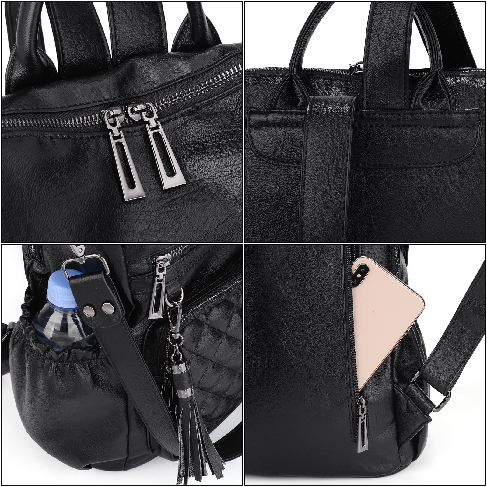 UTO Damen Rucksack PU Washed Leder Modischer Multifunktionsrucksack mit Quastendesign Lässige Schultertaschen Frauen Tasche mehres Kompartiment Schule Schulrucksack Damen-Rucksackhandtaschen - 4